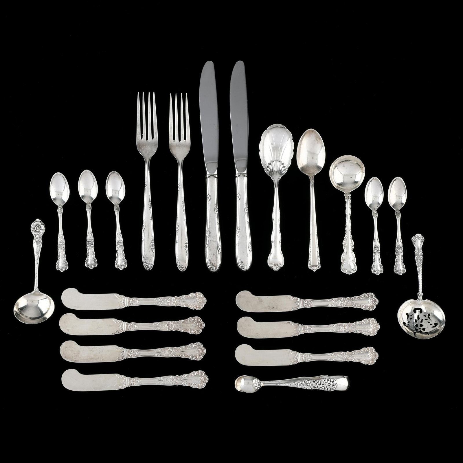 Assortment of Sterling Silver Flatware: Assortment of Sterling Silver Flatware (22) pieces, all marked, including: (2) Towle Madeira knives and (2) forks; (7) Gorham Buttercup butter spreaders and (5) demitasse spoons; Gorham Rondo sugar