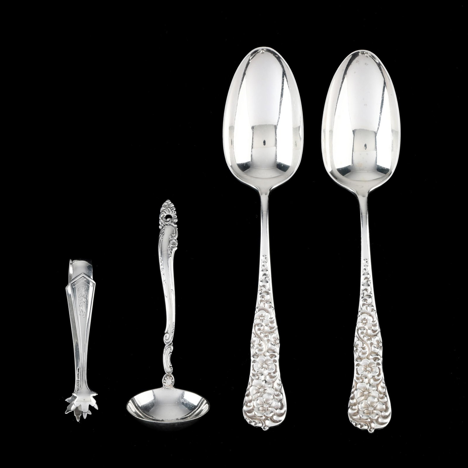 Four Sterling Silver Flatware Servers: Four Sterling Silver Flatware Servers includes a pair of tablespoons Dominick & Haff Rococo tablespoons; a Gorham Decor sterling silver gravy ladle; and a pair of Sterling Silver Manufacturing Co.,