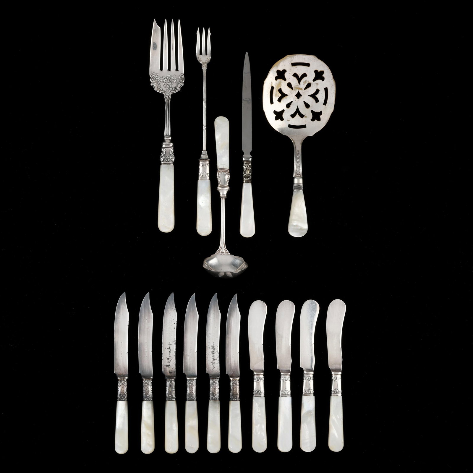 Collection of Mother of Pearl Handled Silver-Plated Flatware: Collection of Mother of Pearl Handled Silver-Plated Flatware late 19th century, (15) pieces to include, many with sterling balusters, includes a cased set of (6) fruit knives; (4) butter spreaders