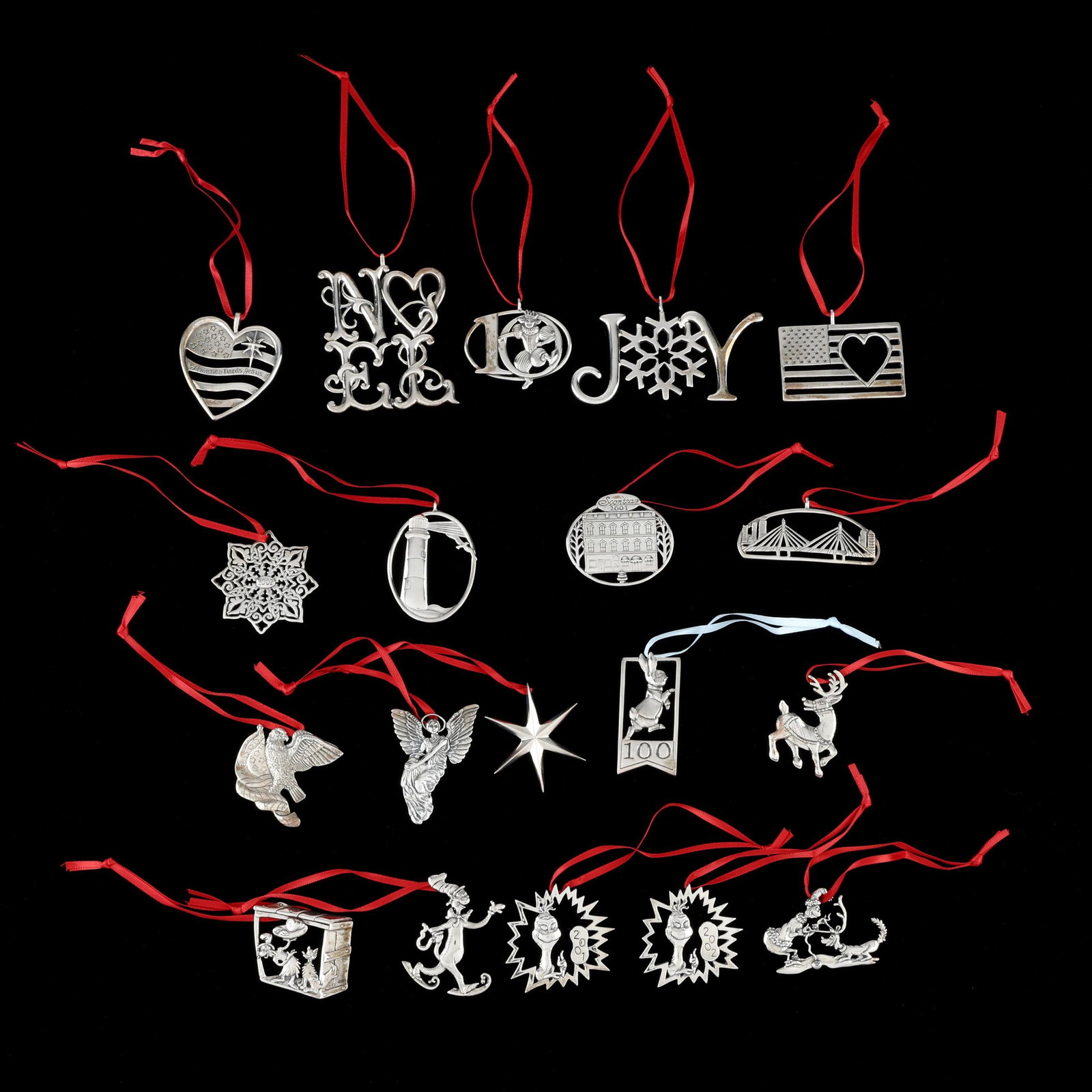 Nineteen Hand & Hammer Sterling Silver Christmas Ornaments: Nineteen Hand & Hammer Sterling Silver Christmas Ornaments late 20th and 21st century, features various motifs including Dr. Seuss, patriotic symbols, and other holiday symbols; all are marked,