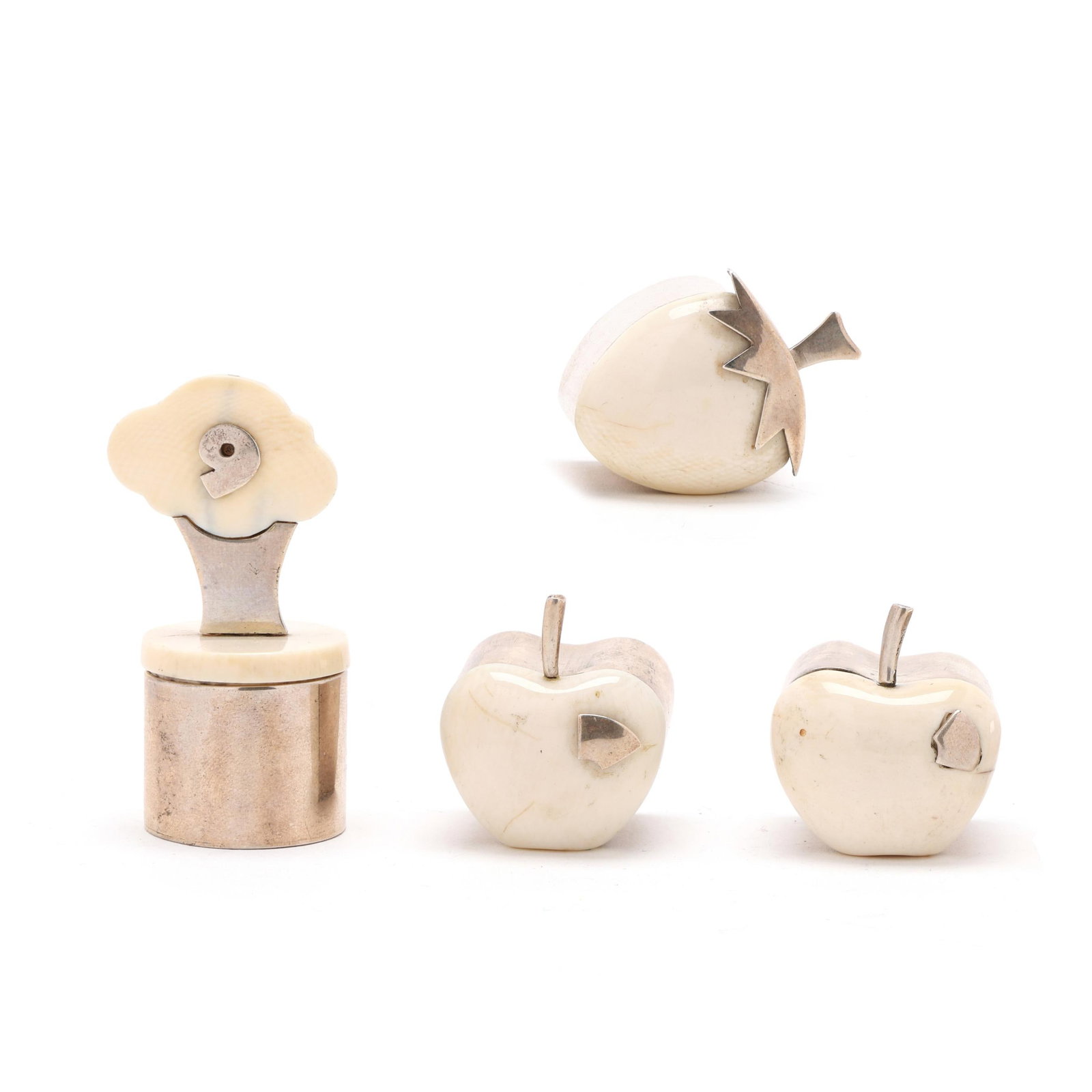 Four Sterling Silver Multi Motif Pill Boxes: Four Sterling Silver Multi Motif Pill Boxes 20th century, all marked "Sterling"; (2) additionally marked "Tangent"; includes (2) in the form of apples, one in the form of a strawberry; and one with a