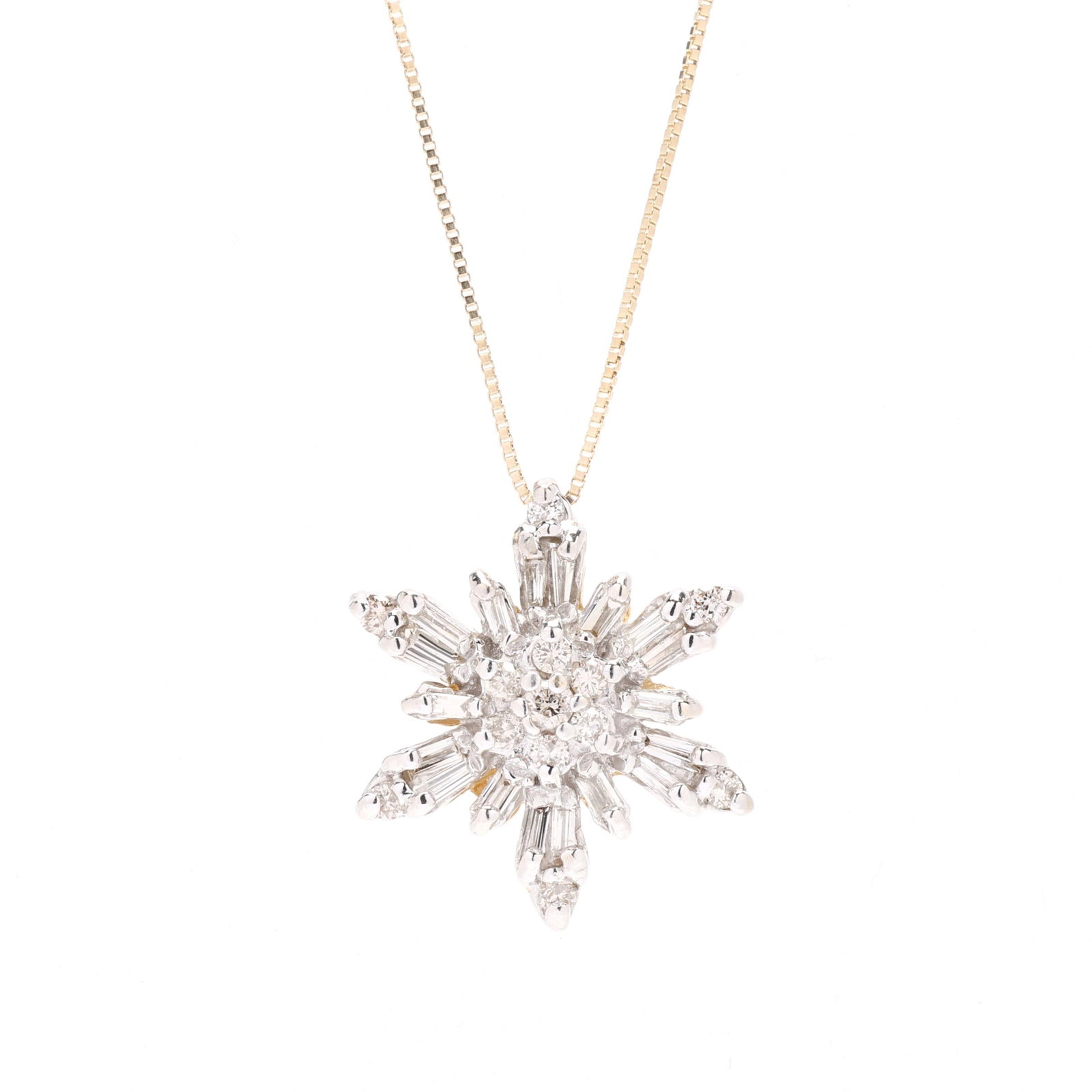 Gold and Diamond Snowflake Motif Pendant Necklace, Italy: Gold and Diamond Snowflake Motif Pendant Necklace, Italy snowflake pendant set with full cut round and baguette cut diamonds weighing approximately 1.0 total carat (I-J color, SI2-I1 clarity), complet