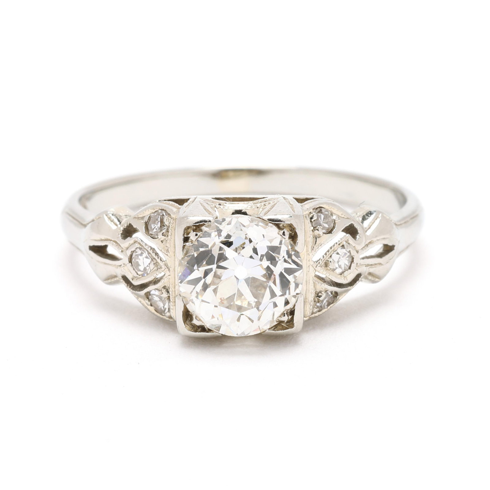 Vintage White Gold and Diamond Ring: Vintage White Gold and Diamond Ring centered on an old European cut diamond (5.91 - 5.98 x 3.97mm) weighing approximately .92 carat (L color, VS2 clarity) and set to the shoulders with single cut diam