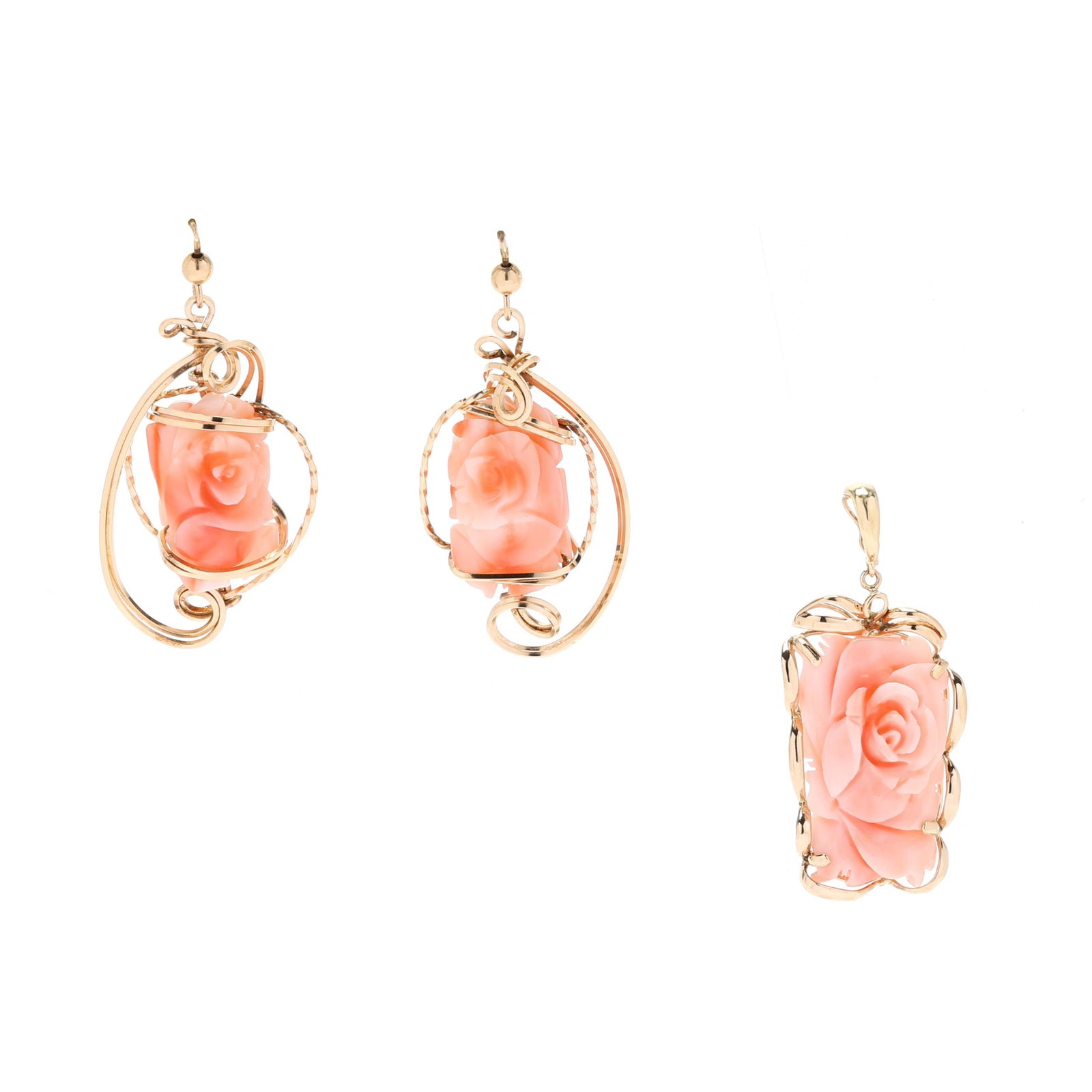 Vintage Gold and Carved Coral Earrings and Pendant: Vintage Gold and Carved Coral Earrings and Pendant to include: a gold wirework pendant set with floral motif carved coral, completed with a hinged bail, wire testing 14KT, bail stamped 585 14K (1 5/8 
