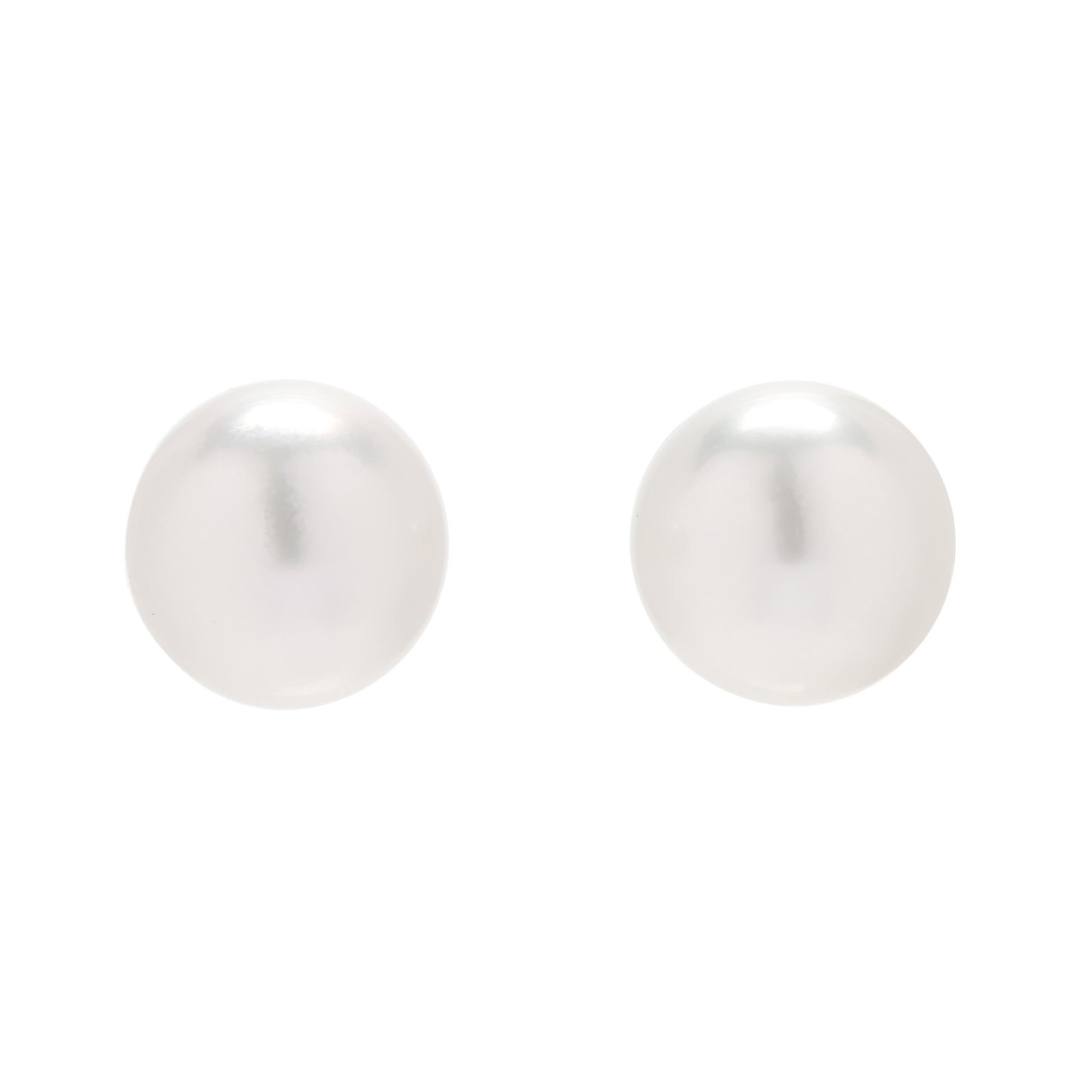 South Sea Pearl Stud Earrings: South Sea Pearl Stud Earrings round cultured South Sea pearls (11.6mm; 11.8mm), completed with white gold posts and push backs, stamped 750. 3.9 dwt. Pearls display a white bodycolor, very good luster