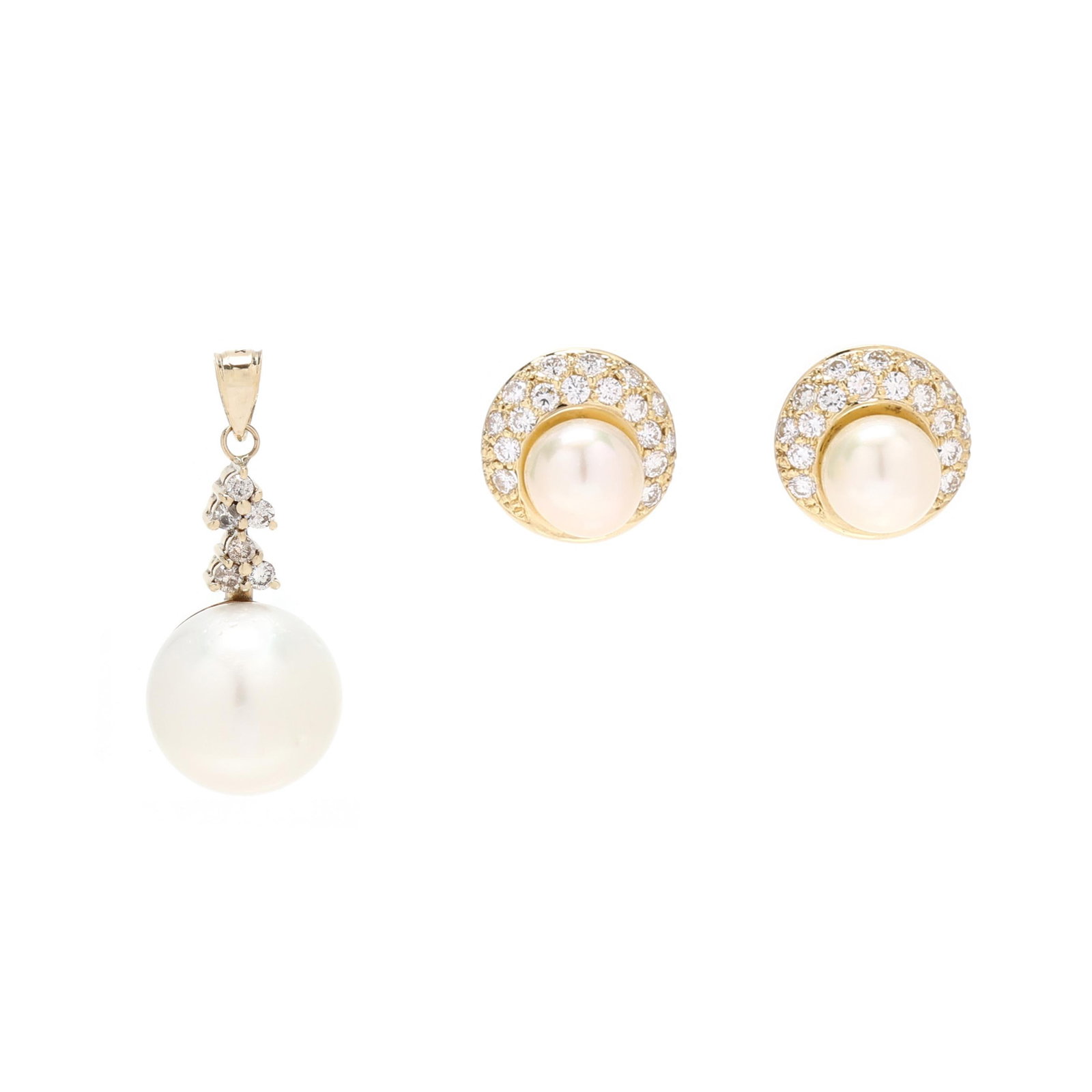Gold, Pearl, and Diamond Pendant and Earrings (1 of 7)