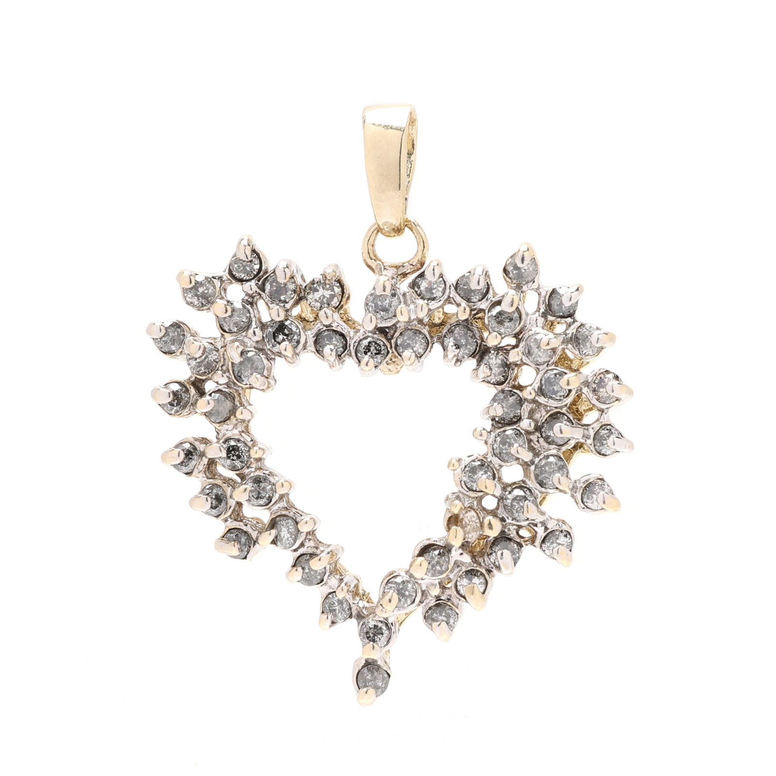 Bi-Color Gold and Diamond Heart Motif Pendant: Bi-Color Gold and Diamond Heart Motif Pendant the gold heart pendant with white gold prong set full cut round diamonds weighing approximately 1.0 total carat (I-J color, I2-I3 clarity), completed