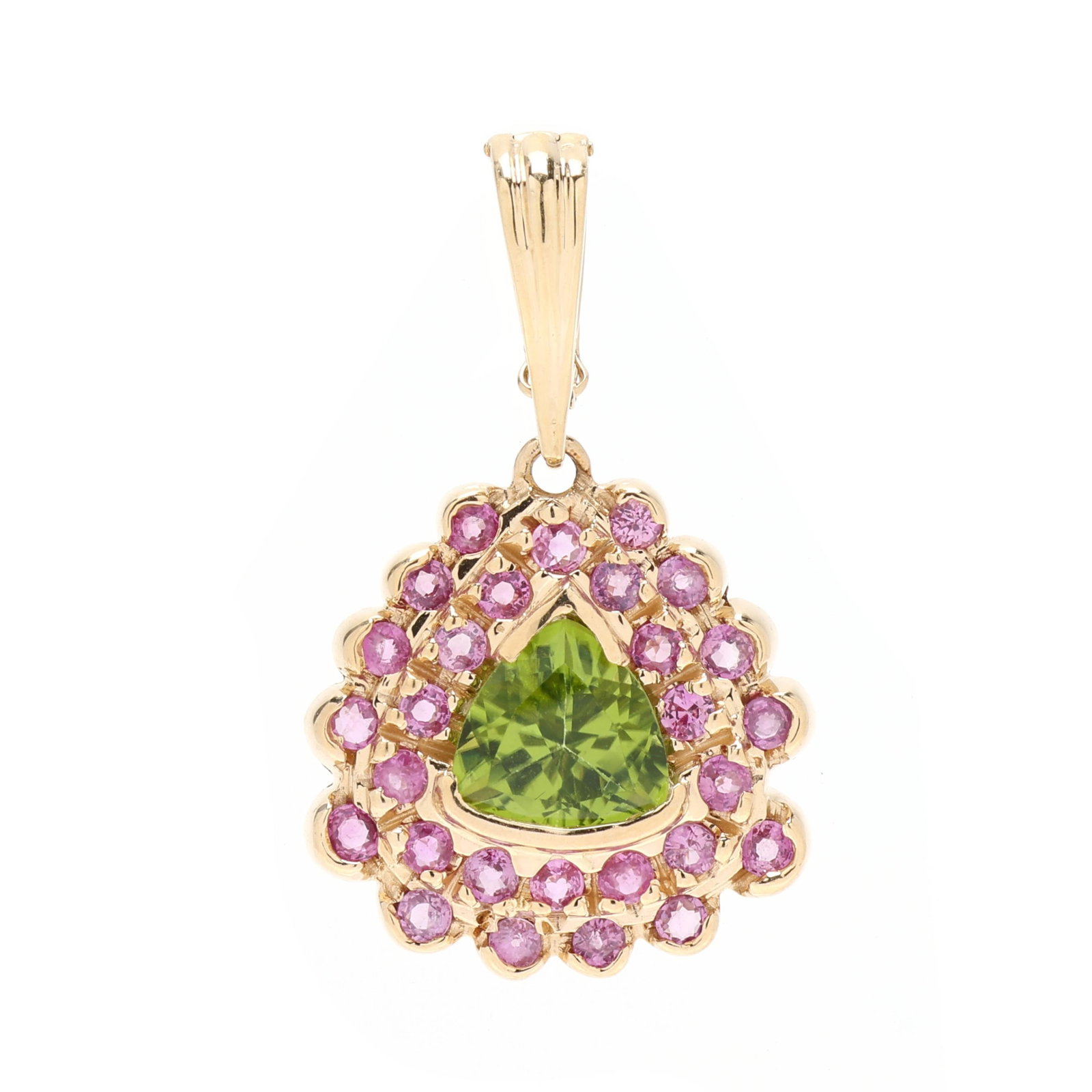 Gold and Gem-Set Pendant: Gold and Gem-Set Pendant the gold pendant set to the center with a trillion cut peridot (9.65 x 9.75 x 6.05mm) within a double halo of round cut pink sapphires, completed with a hinged bail with