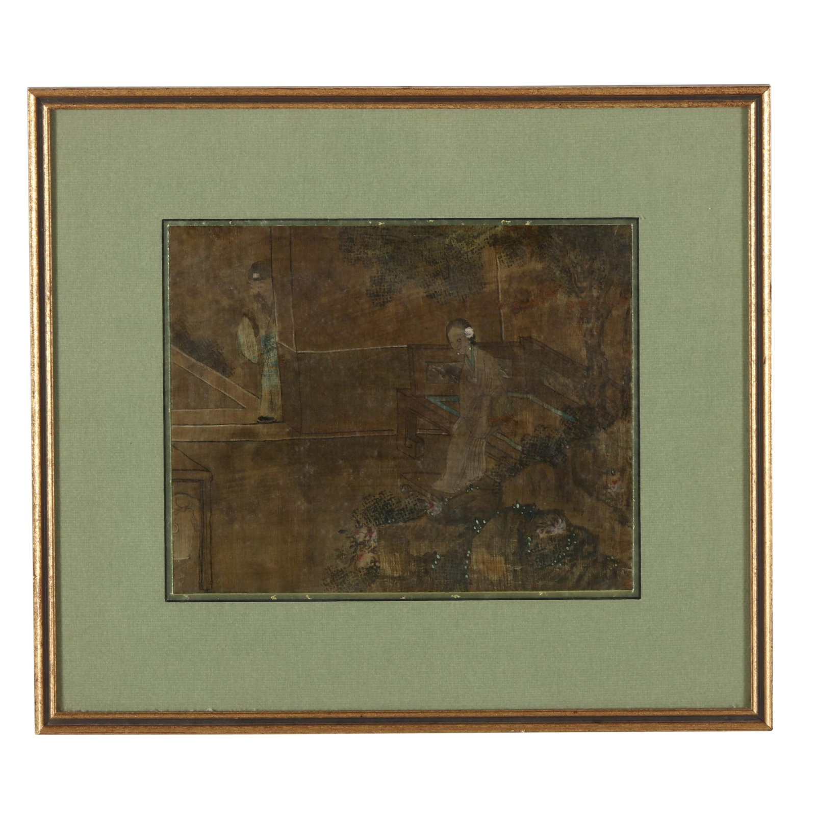 A Framed Chinese Watercolor on Silk Figures in Garden: A Framed Chinese Watercolor on Silk Figures in Garden 19th century or earlier, depicting a young woman seated on a luohan bed near a small garden while an elderly man appears from behind a doorway, ma