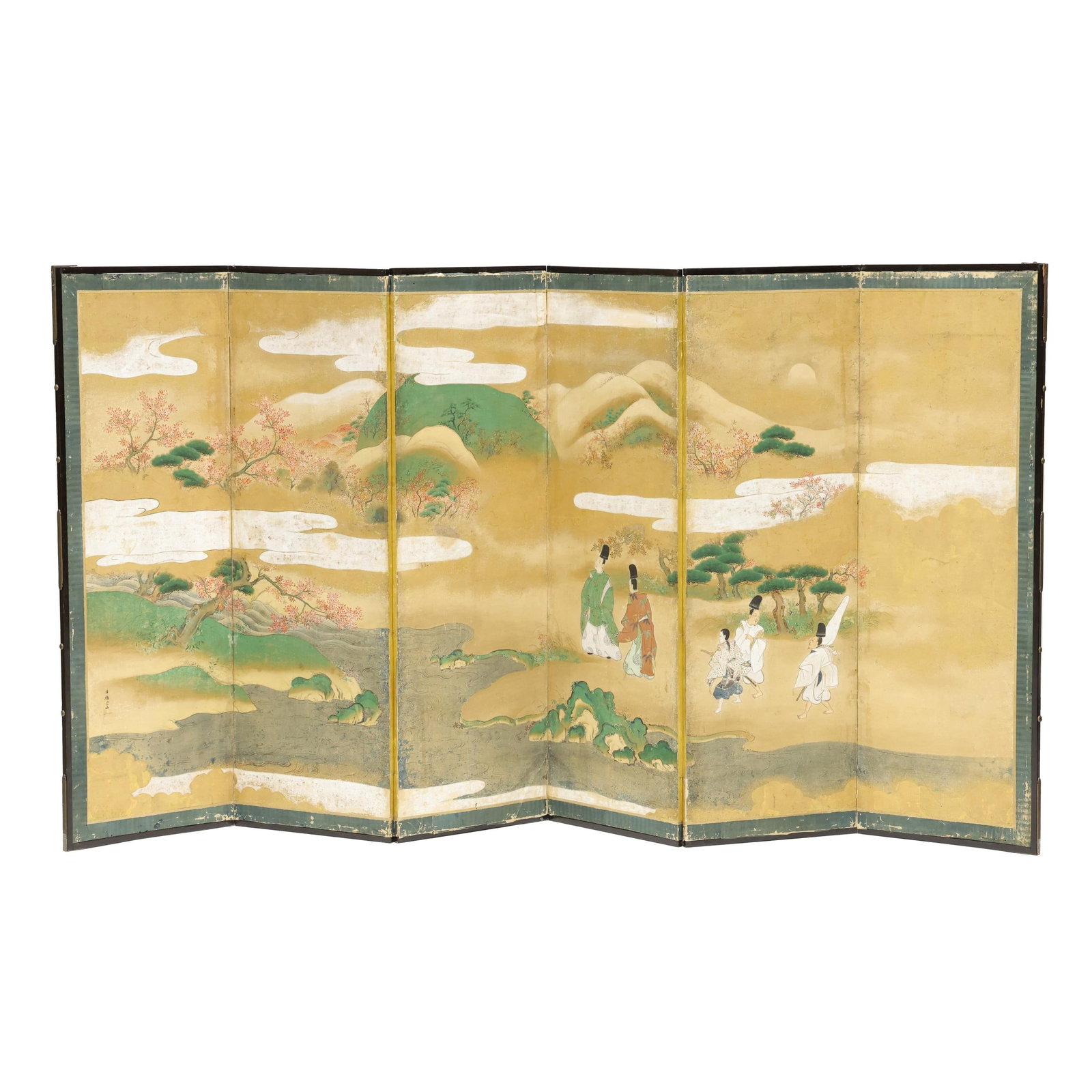 Japanese Folding Six Panel Screen: Japanese Folding Six Panel Screen possibly Edo period, hand painted paper mounted on silk with gold leaf, likely depicting a scene from The Tale of Genji, black lacquered frame with brass mounts, the 