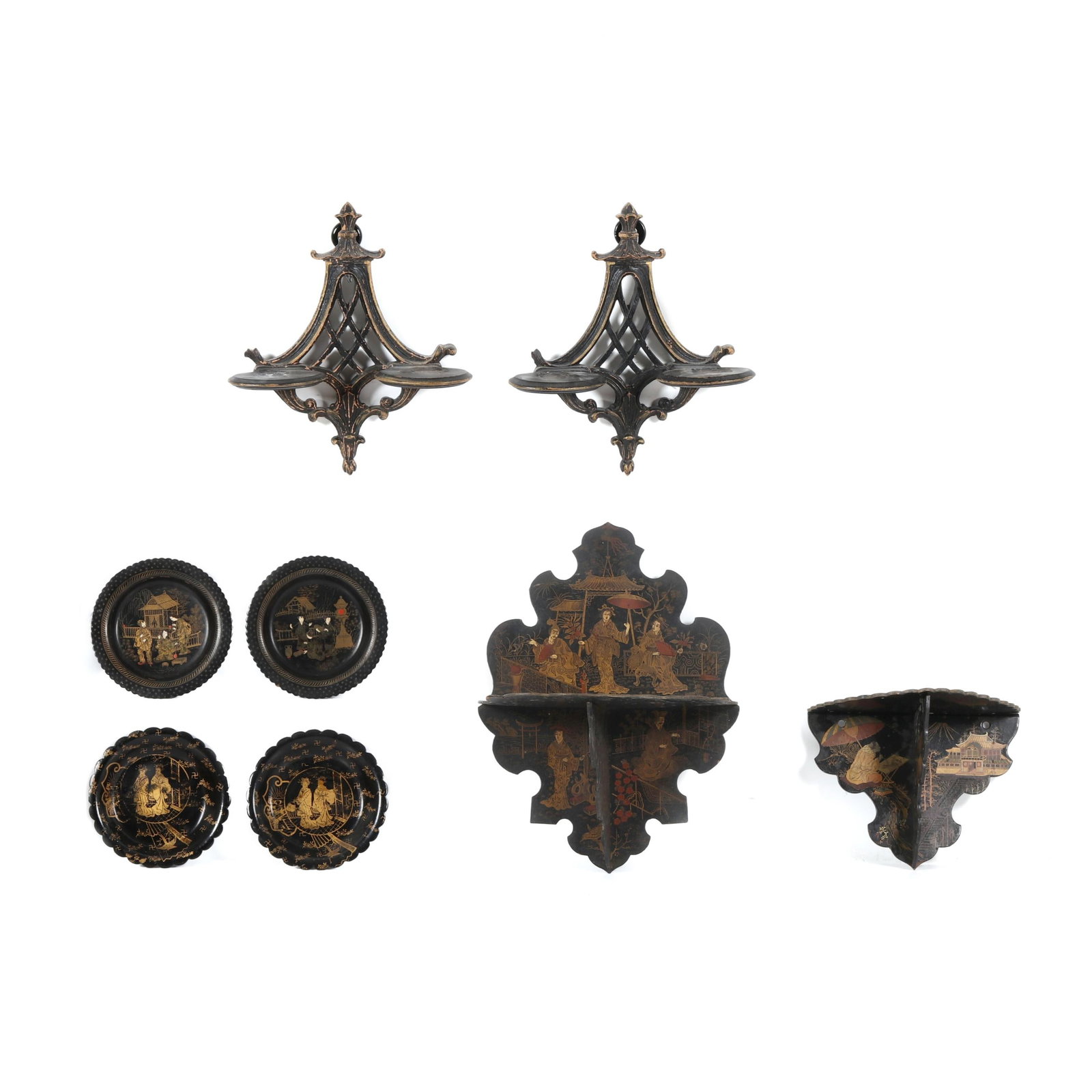 A Grouping of Chinoiserie Lacquered Wall Shelves and Four Plates (1 of 6)