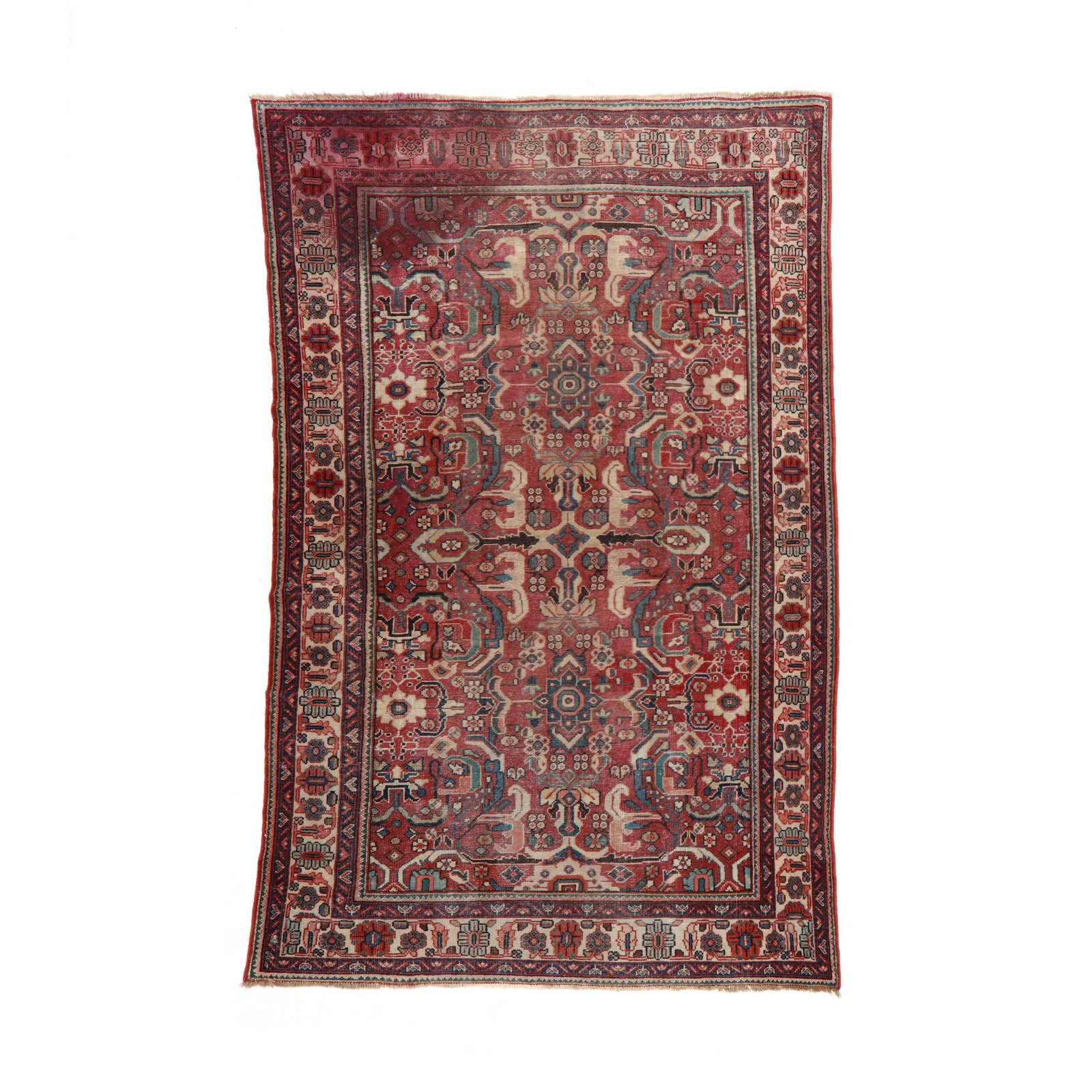 Semi-Antique Heriz Carpet: Semi-Antique Heriz Carpet wool on cotton foundation, the berry red field with allover design of floral and foliate motifs in cream and blue, the cream border with repeating stylized floral motifs,