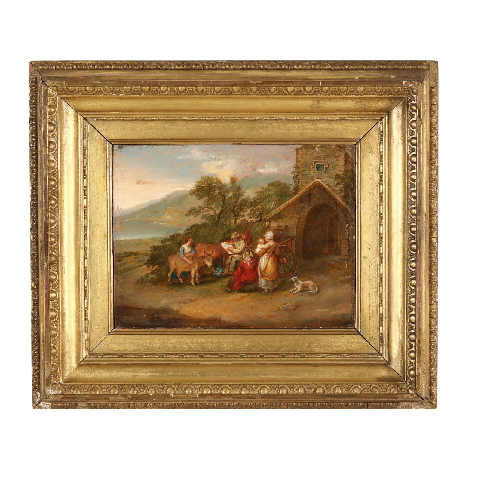 James Leakey (British, 1775-1865), Travelers at Rest: James Leakey (British, 1775-1865), Travelers at Rest oil on panel, 1863, unsigned, a hand-written letter affixed to the verso reads "Painted by my / Father James Leakey / when he was 88 - 1863 / Emip