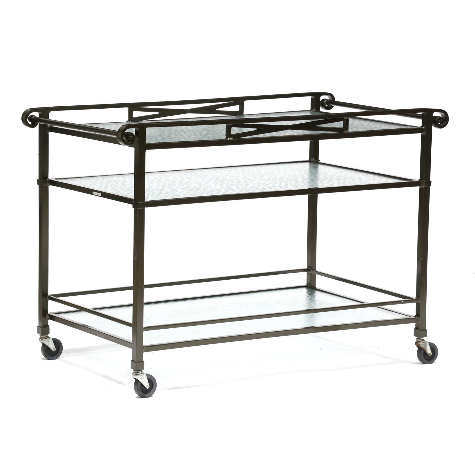 Brown Jordan Venetian Bar Cart: Brown Jordan Venetian Bar Cart contemporary, bronzed aluminum, with three textured glass shelves, on casters, labeled. From the Collection of Mike & Gail Kansler, Raleigh, North Carolina, by the Inter