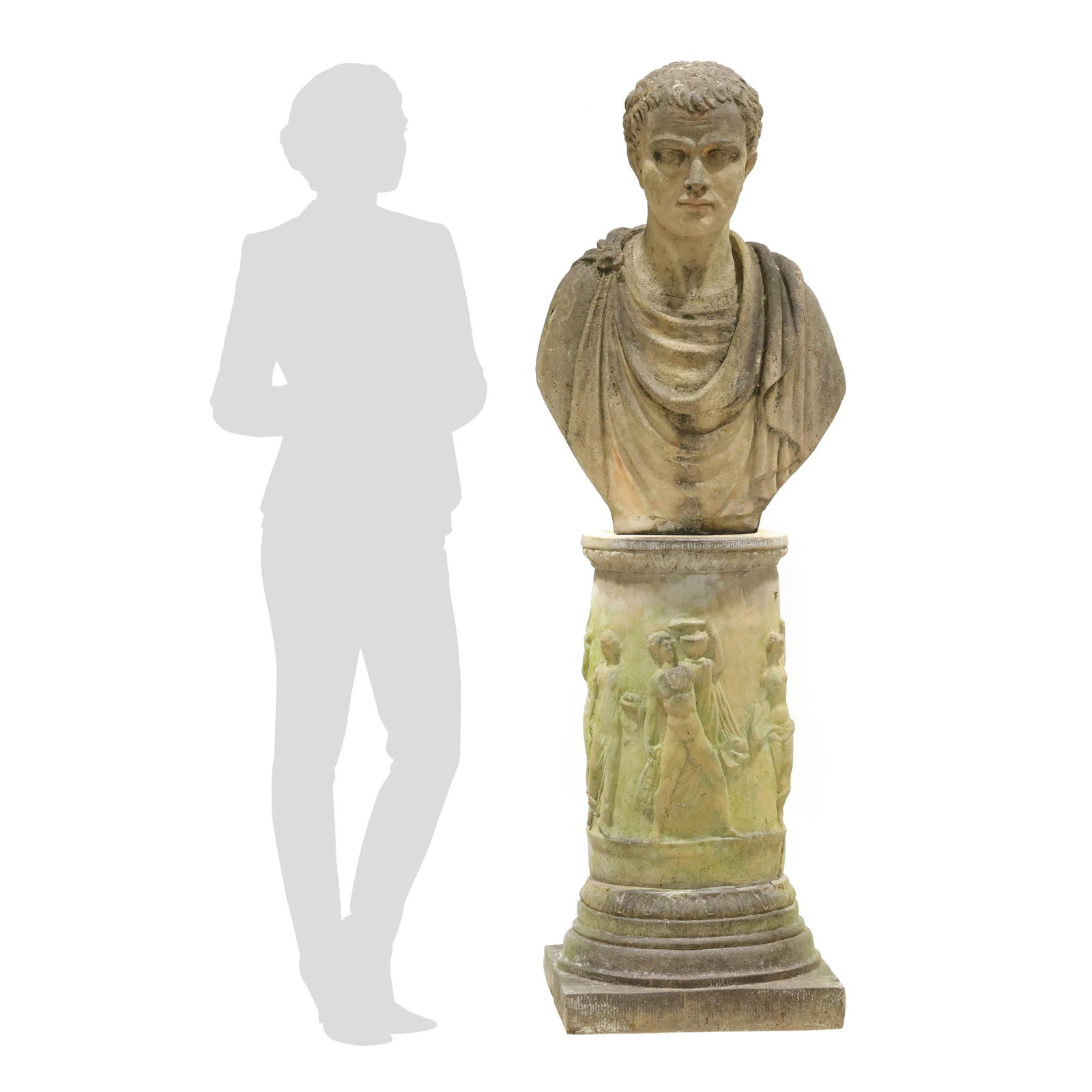 Oversize Cast Stone Roman Style Garden Statuary Bust on Plinth (1 of 6)