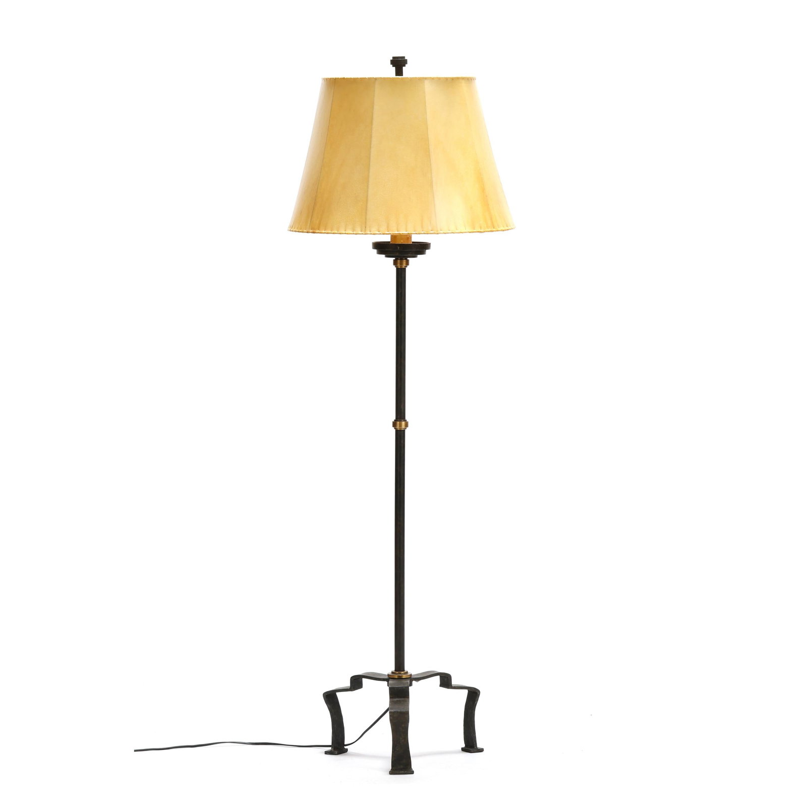 Visual Comfort, Parcel Gilt Floor Lamp: Visual Comfort, Parcel Gilt Floor Lamp late 20th century, patinated iron finish with gilt brass mounts, presented with a vellum shade, labeled. 70 x 22 in. dia. From the Collection of Mike & Gail Kans