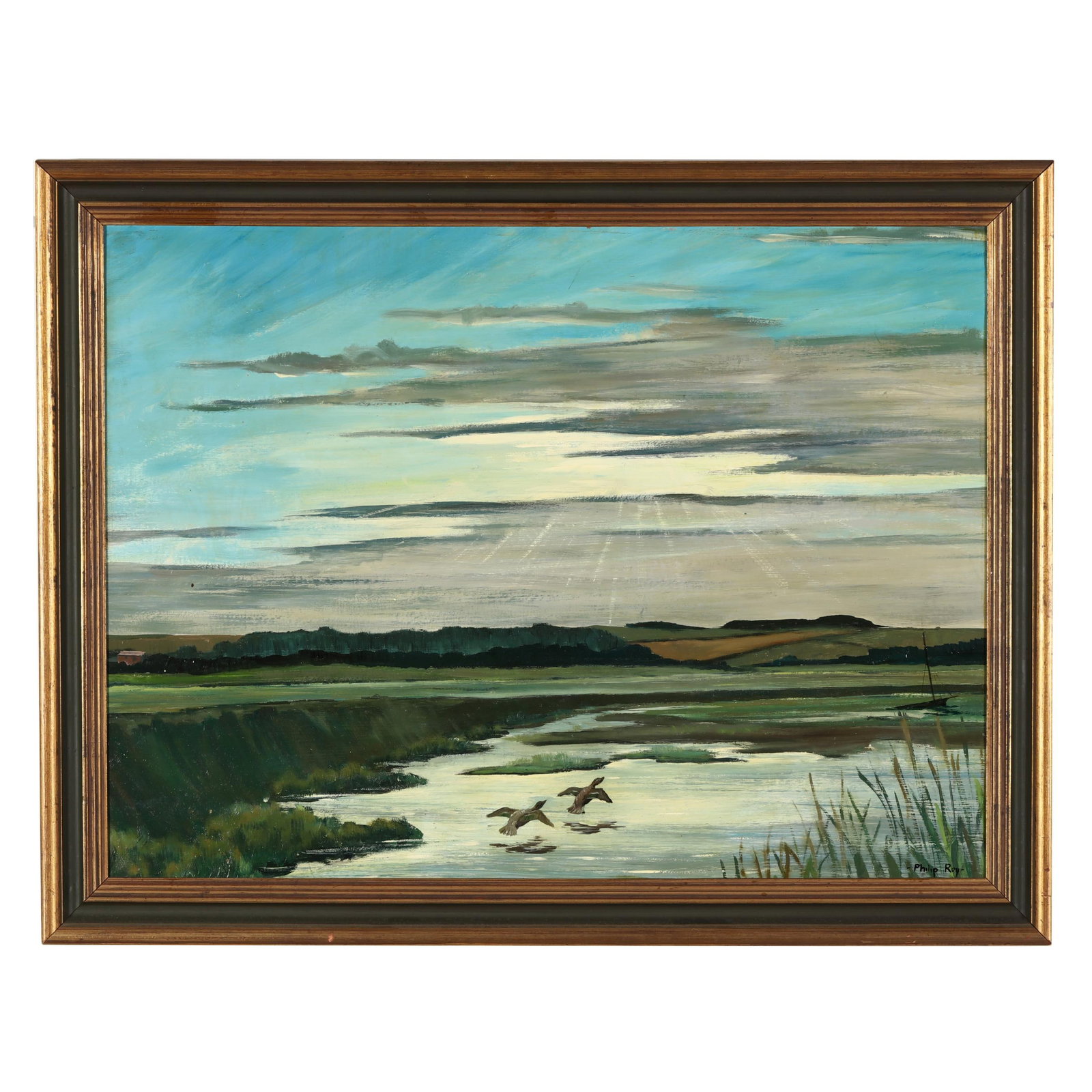 Philip Roy (American, 20th Century), Evening Landscape with Green-Winged Teals: Philip Roy (American, 20th Century), Evening Landscape with Green-Winged Teals oil on board, signed at lower right, framed. 22 1/4 x 29 1/2 in.; Frame dimensions 26 x 33 1/2 in. From the Collection of