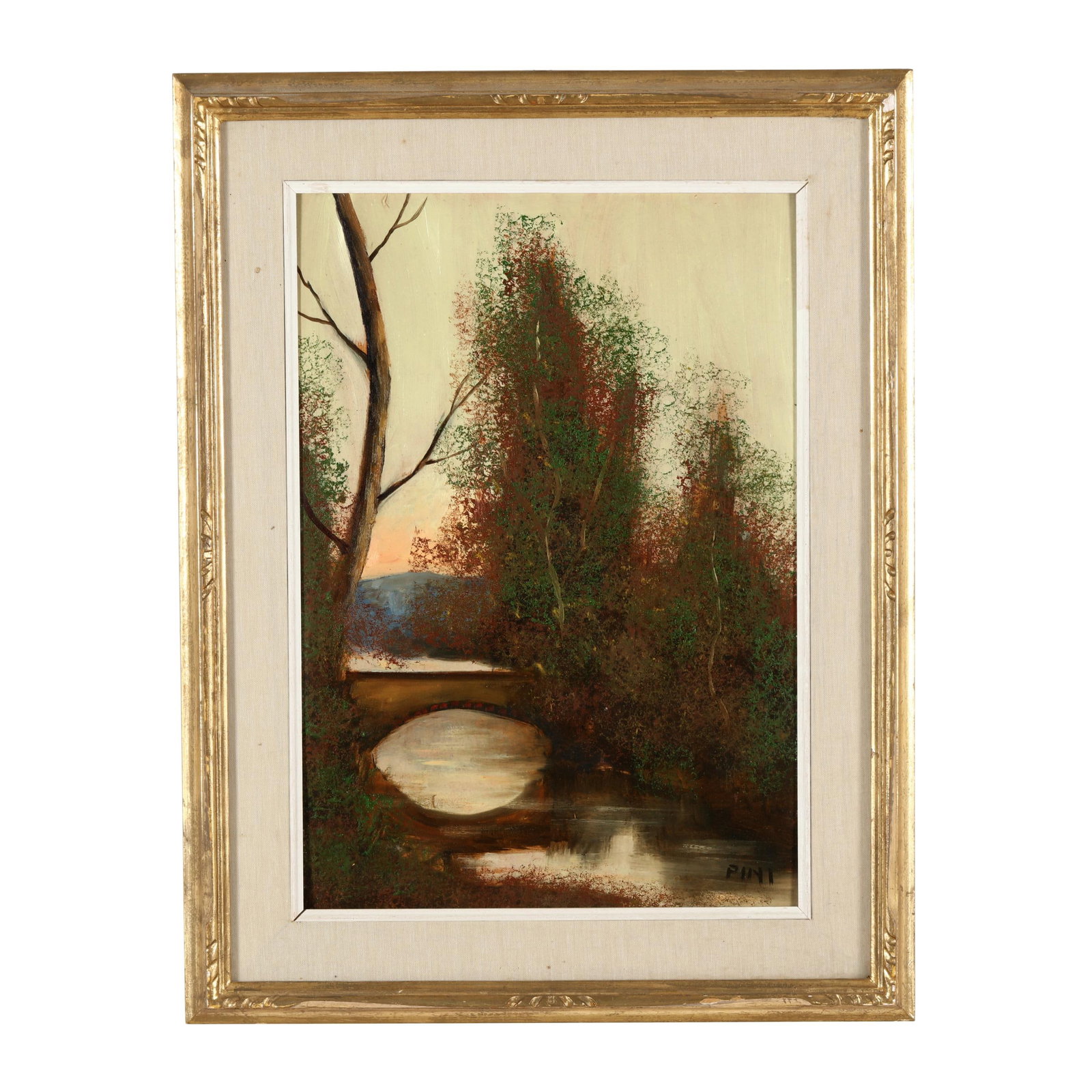 American School (20th Century), Landscape with Bridge: American School (20th Century), Landscape with Bridge oil on masonite, signed "PINI" at lower right, matted and framed below glass. Frame dimensions 26 x 20 in. Single Owner Unreserved Discovery Sale,