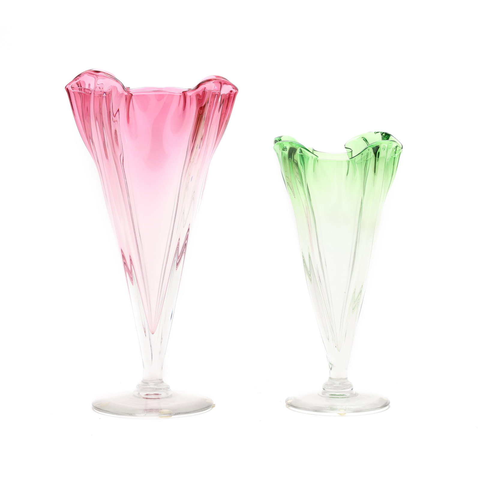 Steuben, Two Grotesque Vases: Steuben, Two Grotesque Vases early 20th century, green vase ( 9.25x 5 in. diameter); pink vase (11.5 x 5 in. diameter); both with Steuben fleur de lis maker's marks. From the Important Glass