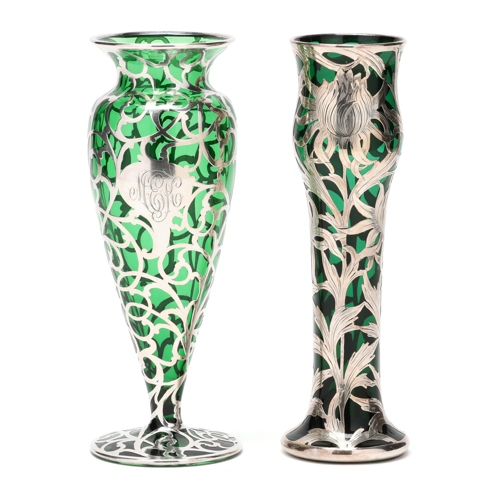 Two Large Art Nouveau Fine Silver Deposit Green Glass Vases (1 of 9)