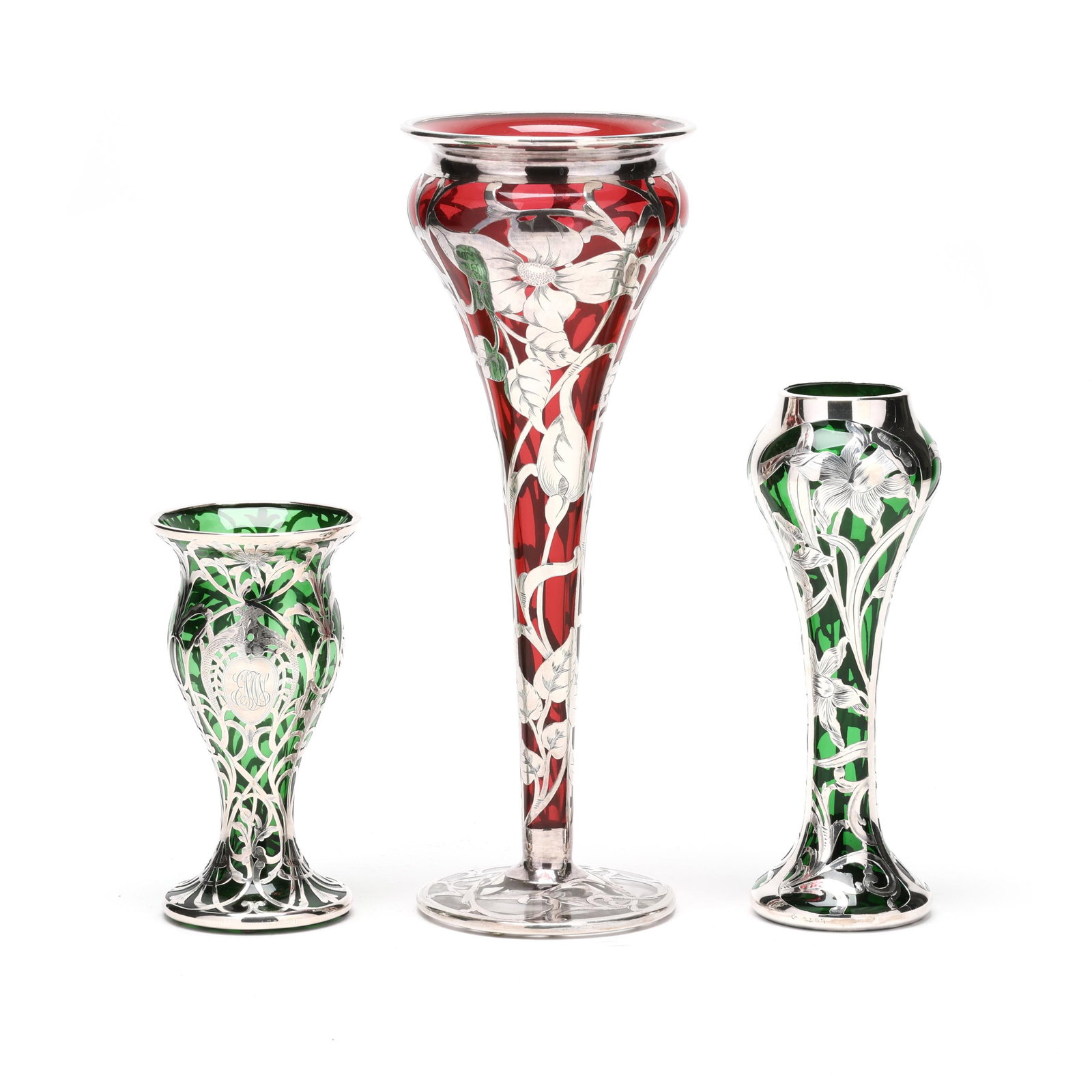 Three Sterling Silver Deposit Glass Vases: Three Sterling Silver Deposit Glass Vases early 20th century, including a red bulbous trumpet form vase marked "Sterling Silver Deposit" on the clear foot (12 in.); a tall bulbous form green glass vas