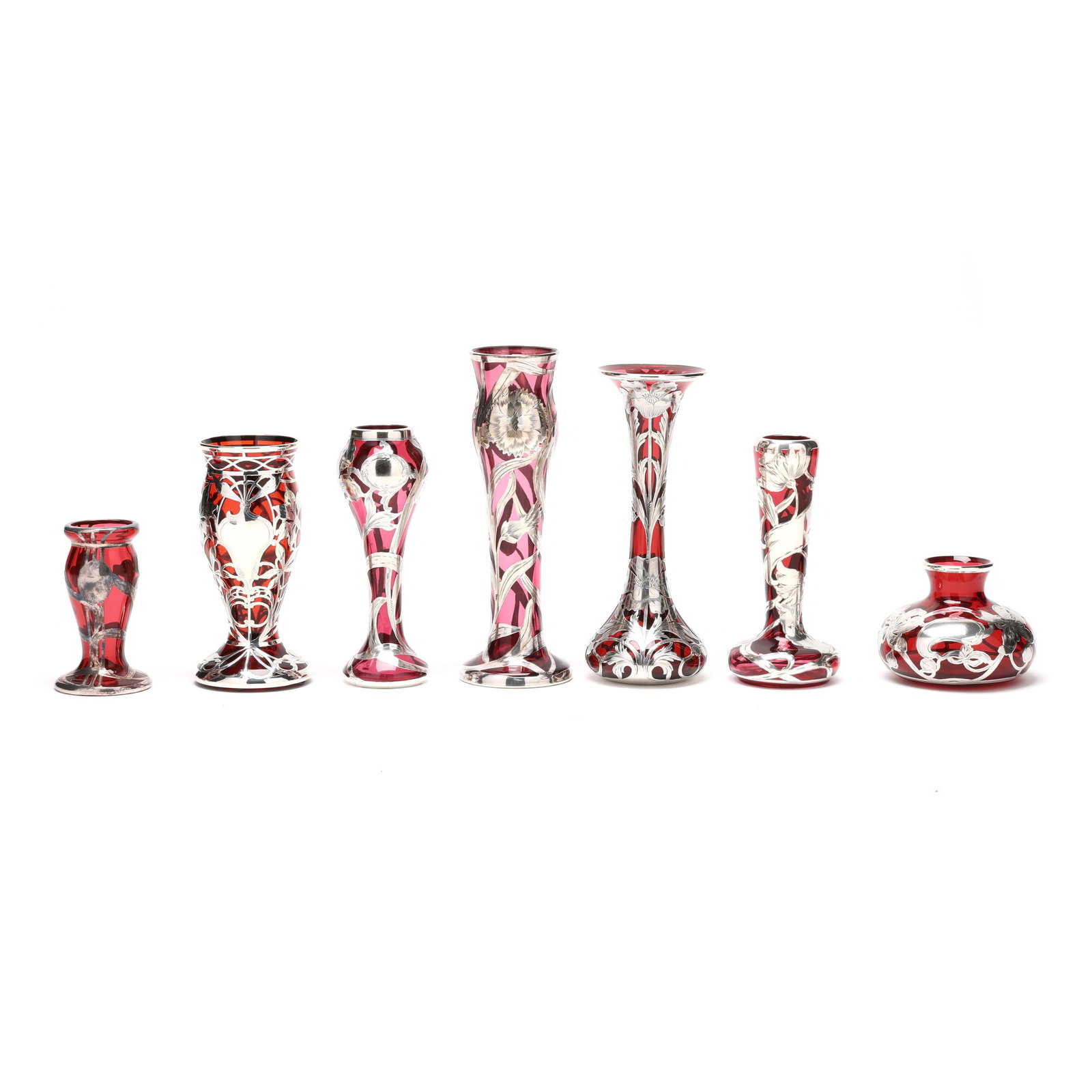 Seven Sterling Silver Deposit Ruby Glass Vases (1 of 12)