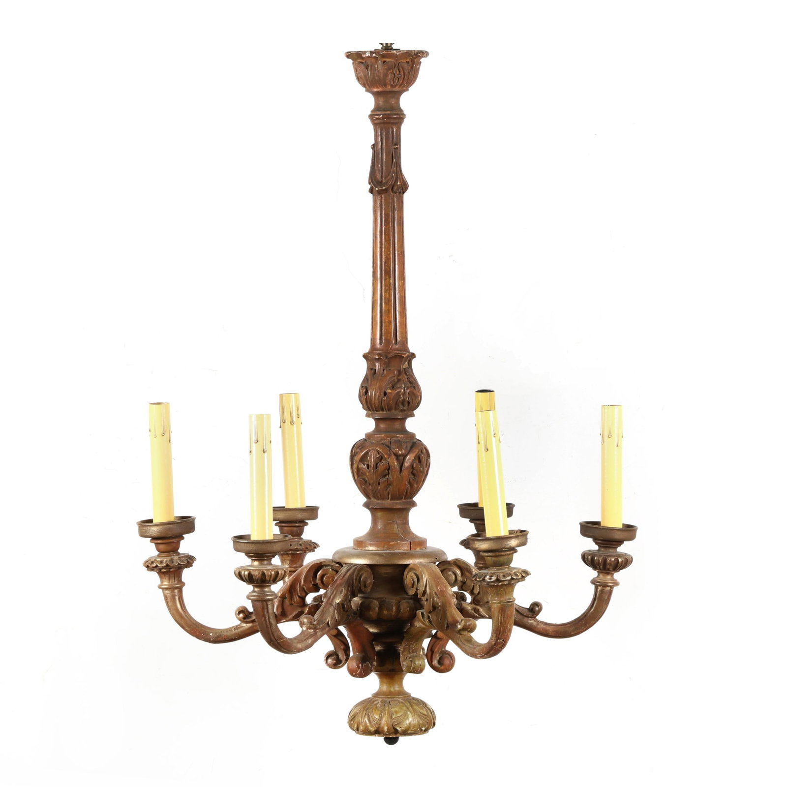 Louis XVI Style Carved and Painted Wood Six-Light Chandelier: Louis XVI Style Carved and Painted Wood Six-Light Chandelier late 20th century,carved rocaille decoration, fitted with faux candles. 44 x 30 in. dia. From the Collection of Mike & Gail Kansler, Raleig