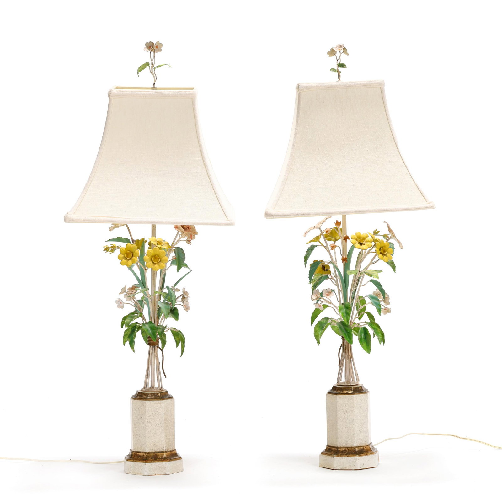 Pair of Italian Ceramic and Tole Floral Bouquet Lamps: Pair of Italian Ceramic and Tole Floral Bouquet Lamps late 20th century, painted metal bouquets over a parcel gilt ceramic pedestal base, not labeled, presented with fabric shades, marked "Made in Ita