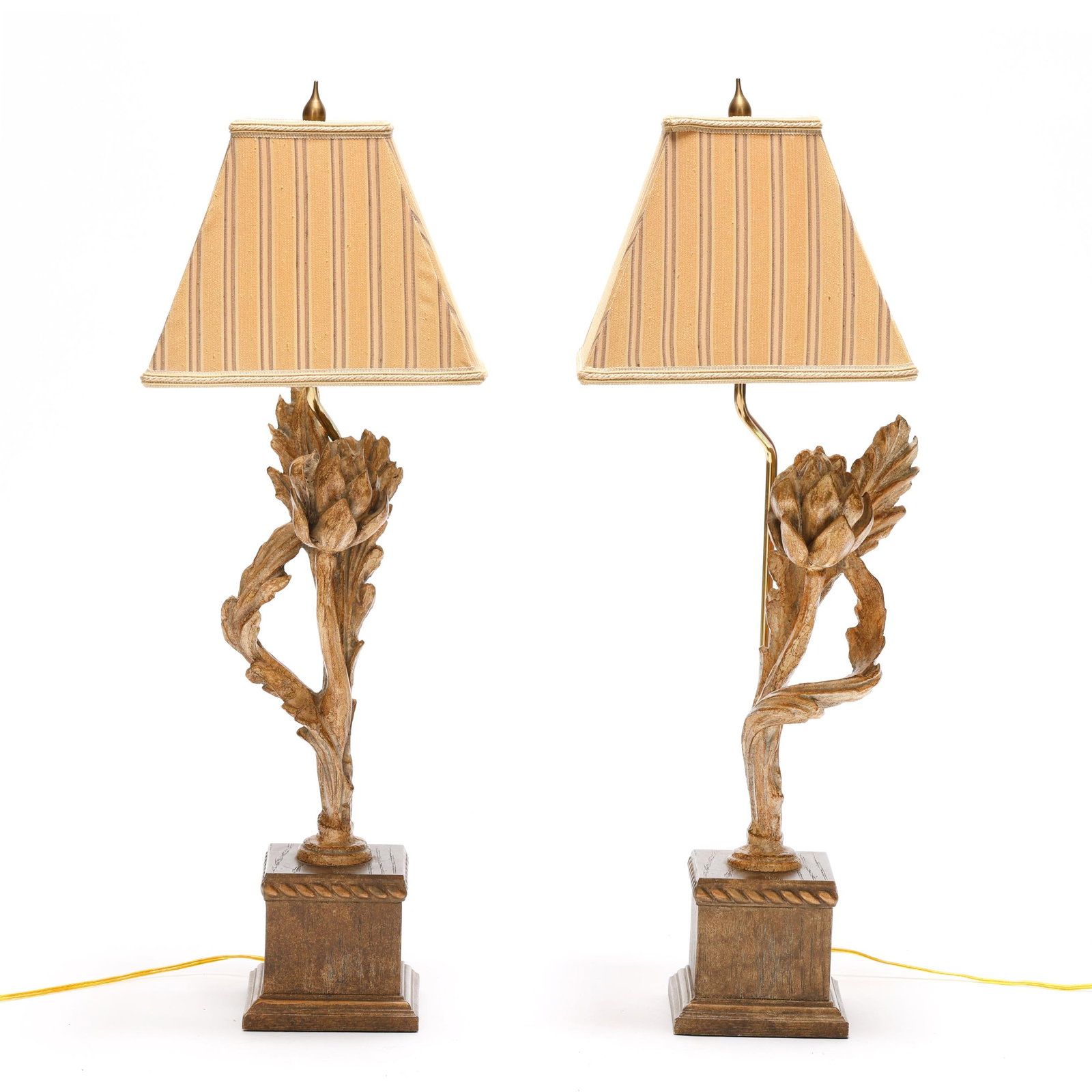 Pair of Architectural Artichoke Form Table Lamps: Pair of Architectural Artichoke Form Table Lamps contemporary, faux wood (resin) with distressed finish in the form of an artichoke stem atop a plinth, both mounted with single socket fixture, with st