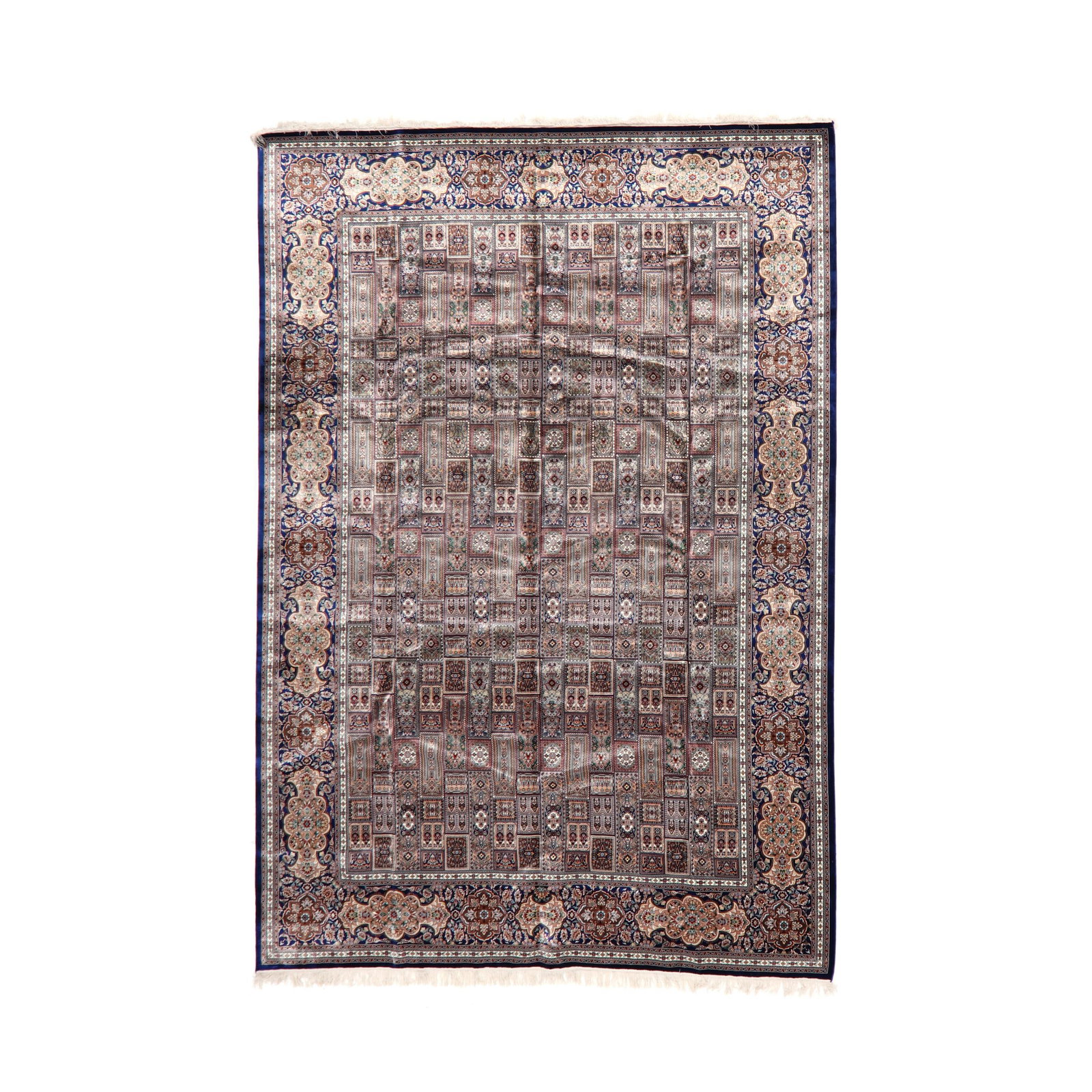 Oriental Room Size Carpet: Oriental Room Size Carpet bamboo silk or viscose on cotton foundation, semi-machine made, with allover design of small rectangular compartments featuring tiny archways or medallions, the deep blue