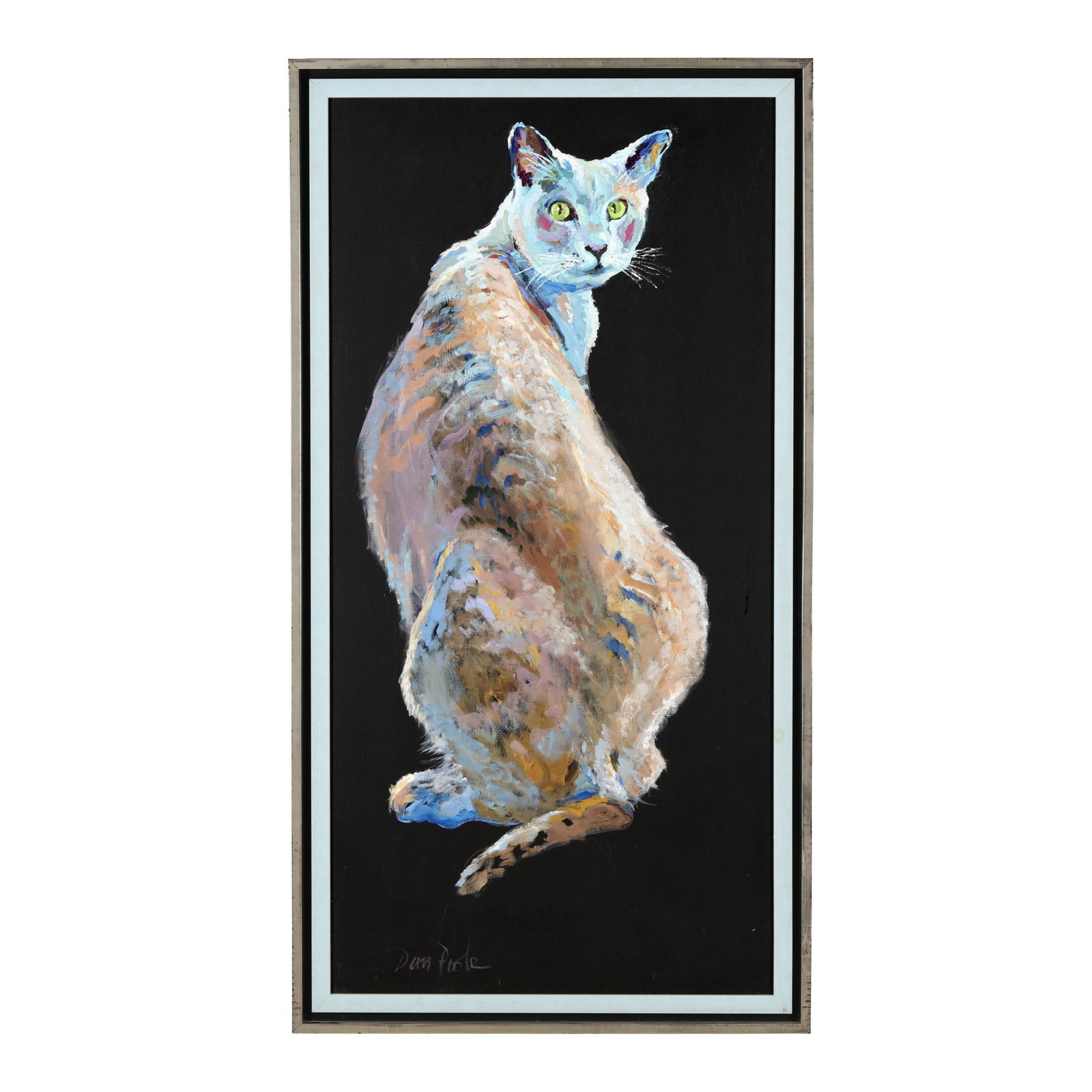 Dan Poole (American, 1941-2024), Cat: Dan Poole (American, 1941-2024), Cat acrylic on canvas, signed at lower left, inscribed to the verso, framed. Stretcher size 48 x 24 in.l Frame dimensions 51 1/2 x 27 3/4 in. Dan was a visionary artis
