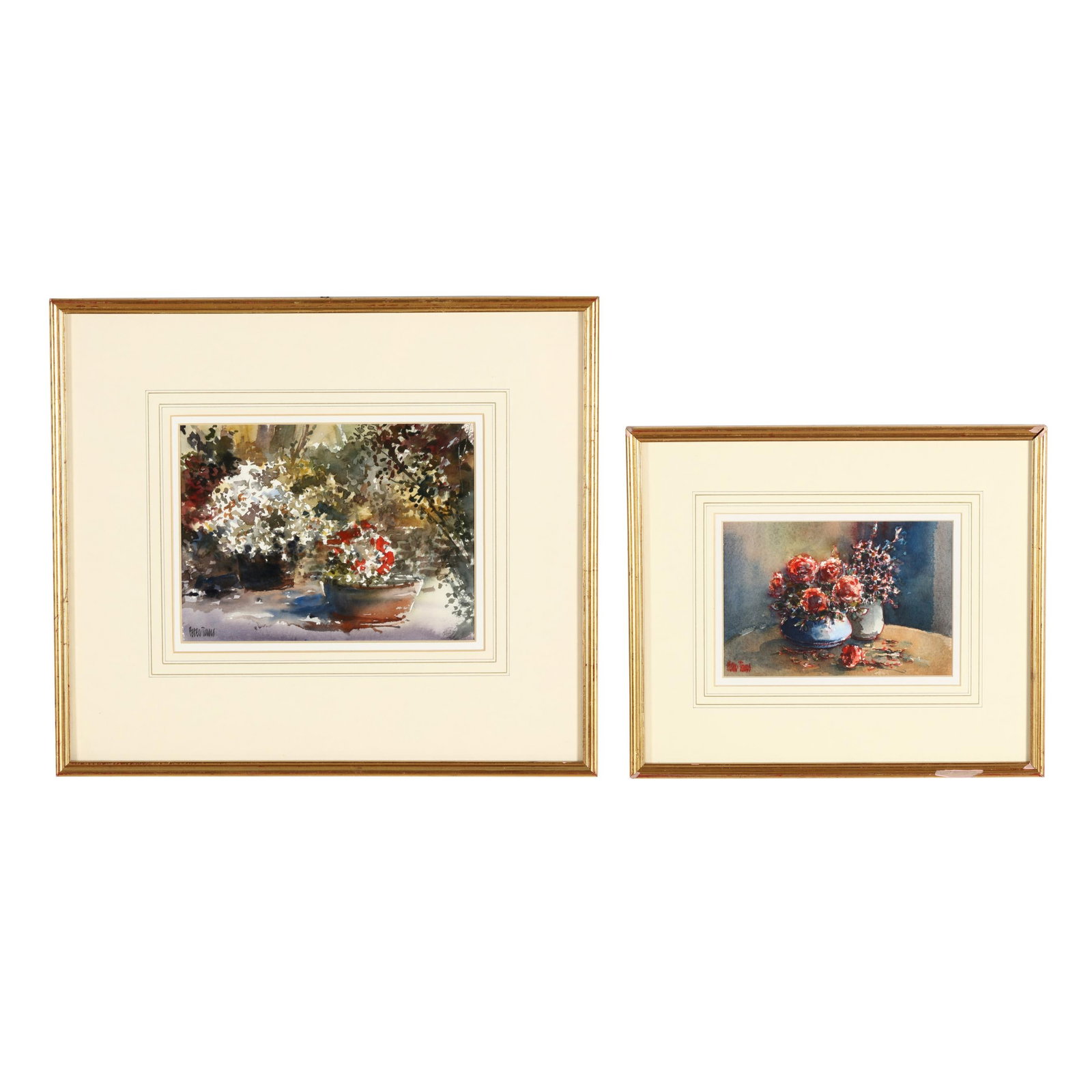 Peter Toms Arms (United Kingdom, b. 1940), Two Floral Still Life Paintings: Peter Toms Arms (United Kingdom, b. 1940), Two Floral Still Life Paintings each a watercolor on paper, signed at the lower left, matted and framed below glass. Frame dimensions of the larger 14 3/4 x 