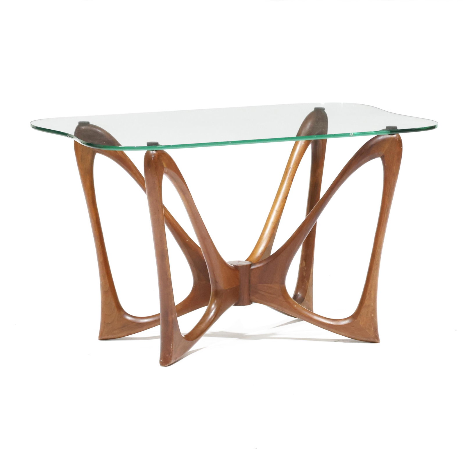 Manner of Adrian Pearsall, Mid-Century Glass Top Side Table: Manner of Adrian Pearsall, Mid-Century Glass Top Side Table mid 20th century, shaped clear glass top set on an organic shaped walnut base, appears unmarked. 20 x 20 x 34 in. Additional high-resolution