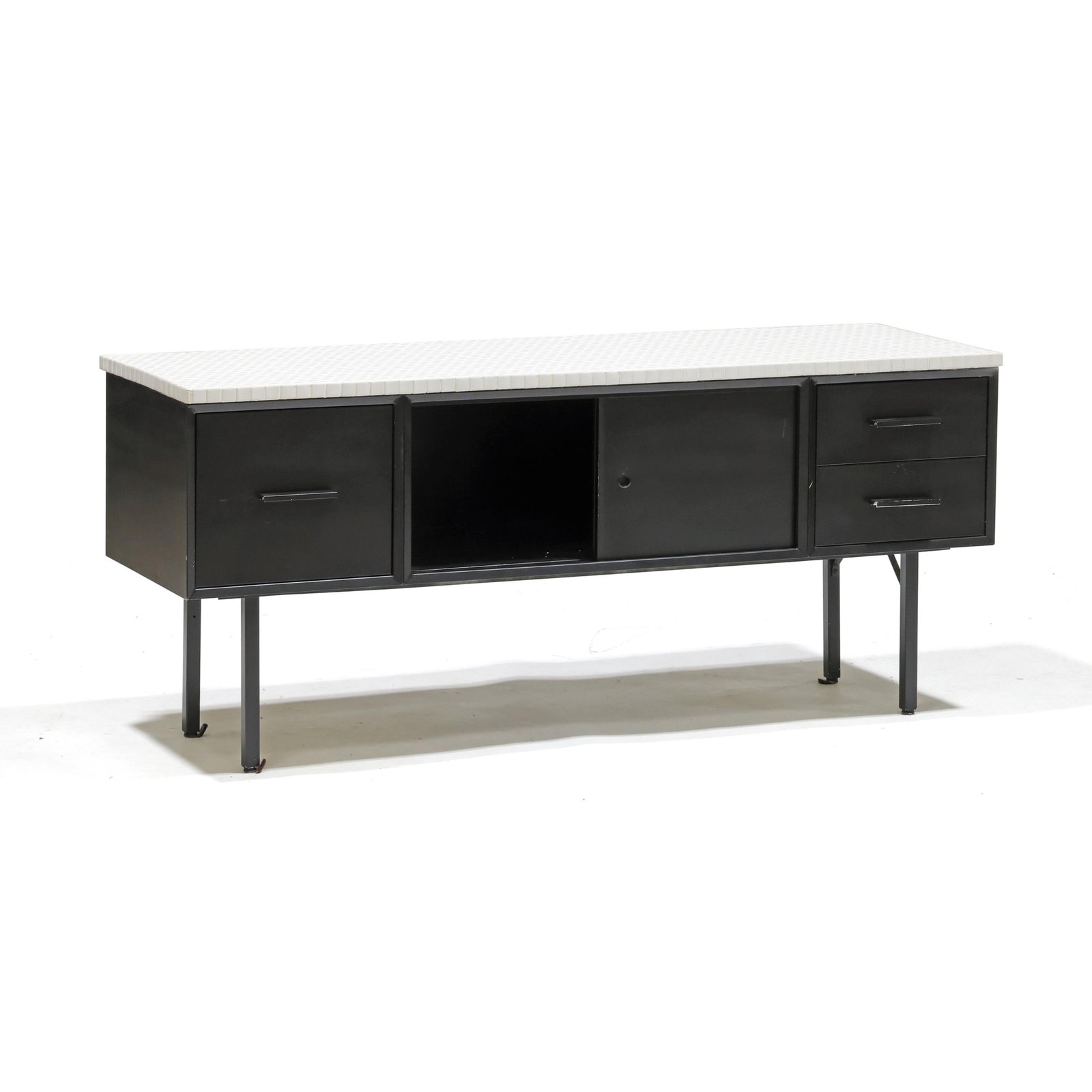 Mid-Century Metal Credenza: Mid-Century Metal Credenza circa 1950, one piece form, central cabinet with sliding doors flanked by file drawer on one side and two drawers on the other, later black painted metal with later white pe