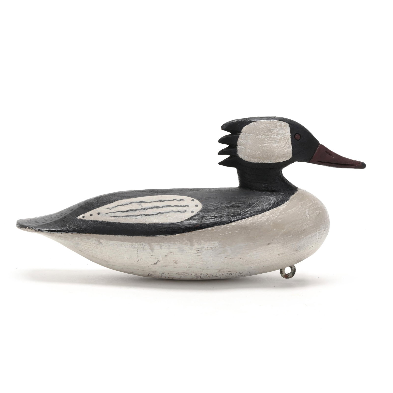 Delbert "Cigar" Daisey (VA, 1929-2017), Merganser: Delbert "Cigar" Daisey (VA, 1929-2017), Merganser Chincoteague, Virginia, circa 1960, carved and painted wood, branded BARRON ISLAND and CIGAR, signed and dated. Length 12 in. x 5.5 x 4.5 Carved in th