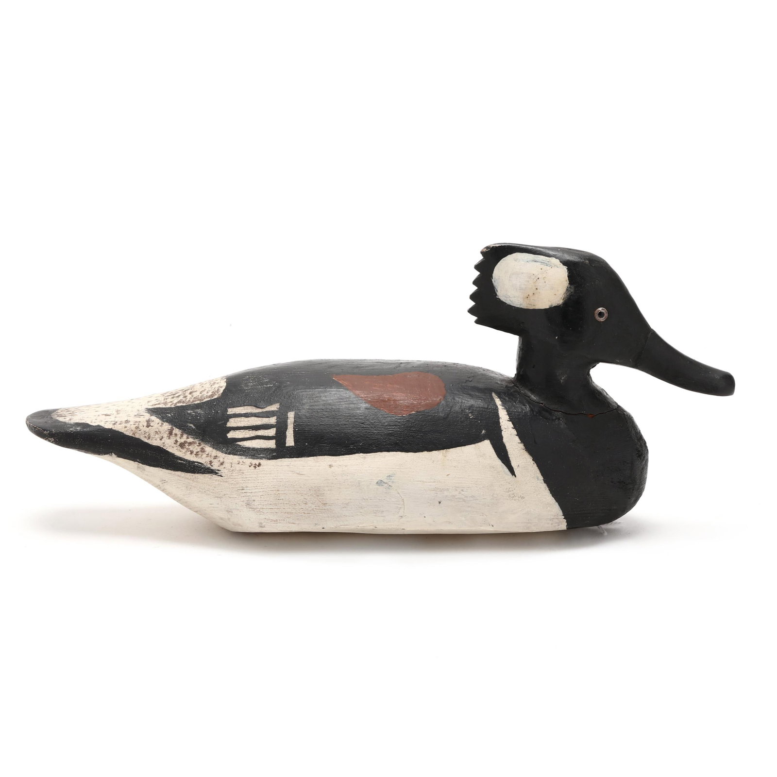 Miles Hancock (VA, 1887-1974), Hooded Merganser: Miles Hancock (VA, 1887-1974), Hooded Merganser Chincoteague, Virginia, circa 1963, carved and painted wood, glass eyes, stamped MILES HANCOCK, signed and dated Aug 6, 1963. Length 13.5 in. x 6 x 5 Fr