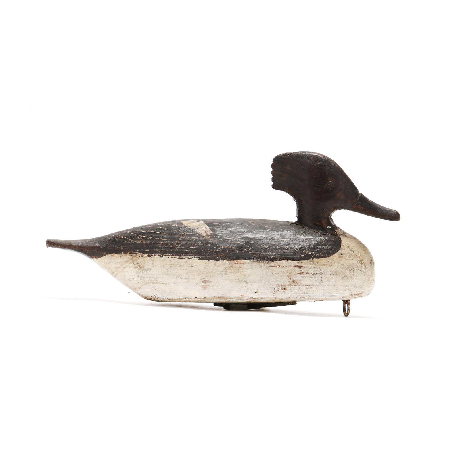 Miles Hancock (VA, 1887-1974), Hen Merganser: Miles Hancock (VA, 1887-1974), Hen Merganser Chincoteague, Virginia, circa 1940, carved and painted wood, tack eyes, branded MA, appears to have an incised TH. Length 14.75 in. x 7 x 5 From a Private 