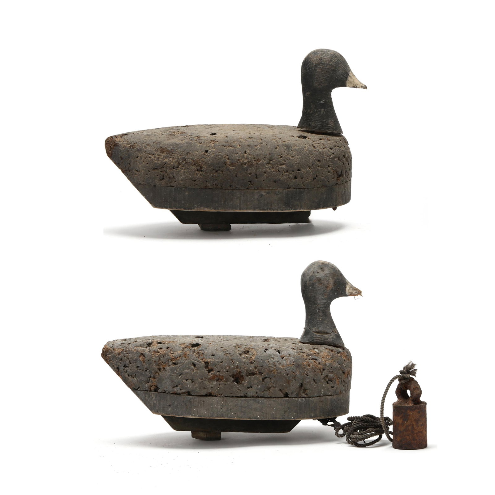 Murray Chappell (NC, 1916-1977), Pair of Coots: Murray Chappell (NC, 1916-1977), Pair of Coots Currituck, North Carolina, circa 1950s, carved and painted wood and cork, one having the anchor rigging. Length 11.5 in. c 8 x 6 Murray Chappell made a r