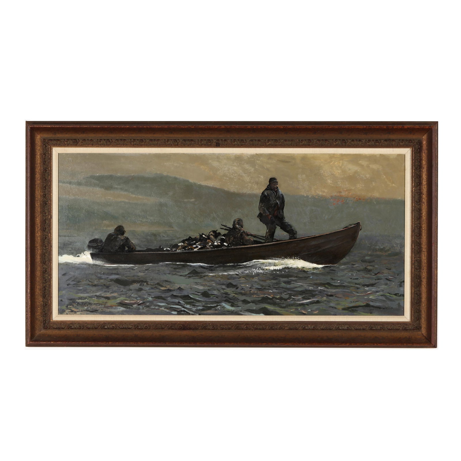 Chet Reneson (American, b. 1934), The Ride Home: Chet Reneson (American, b. 1934), The Ride Home oil on board, signed at lower left, presented in a carved wood frame. Board 19 x 40 1/4 in.; Frame dimensions 25 3/4 x 47 in. Chet Reneson is an artist 