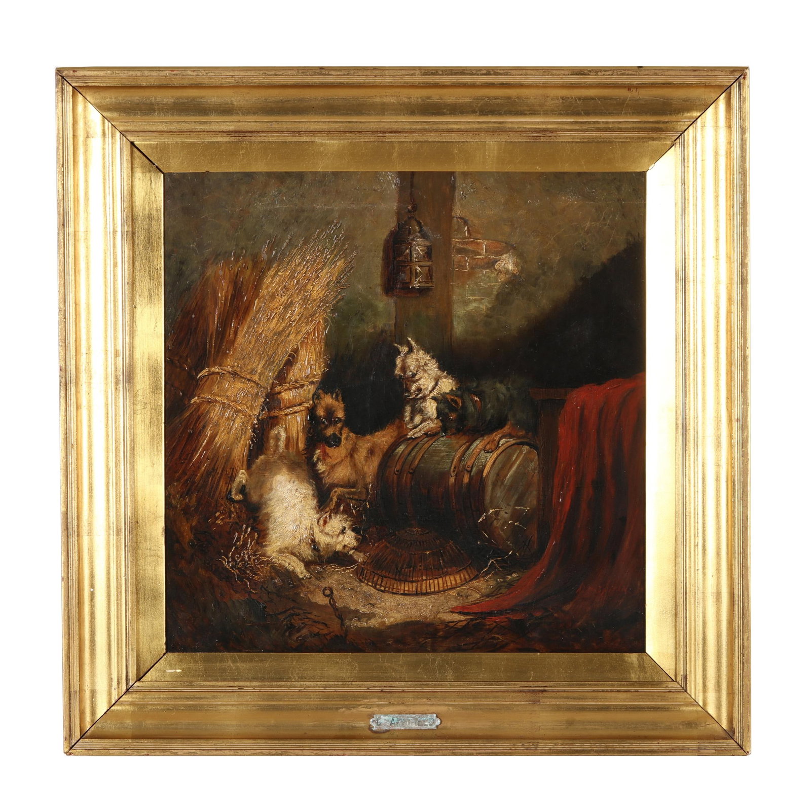 Attributed George Armfield (English, 1810-1893), Four Terriers Ratting: Attributed George Armfield (English, 1810-1893), Four Terriers Ratting oil on canvas, unsigned, presented in a period gilt frame with brass gallery plaque. Stretcher size 20 x 20 in.; Frame dimensions