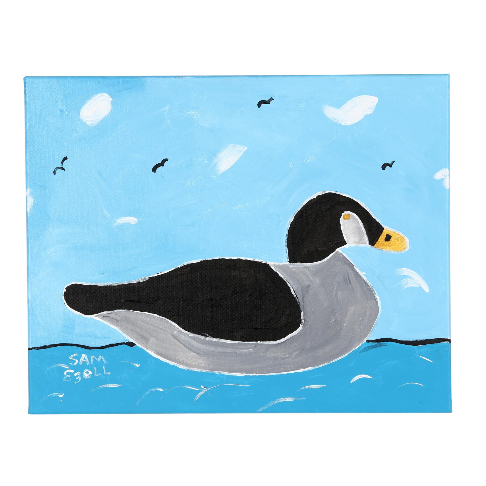 Sam Ezell (NC), Floating Duck: Sam Ezell (NC), Floating Duck oil on canvas, signed at lower left, gallery wrapped canvas. Stretcher size 16 x 20 in. Folk and “Outsider” artist Sam Ezell has become a force in the local arts 