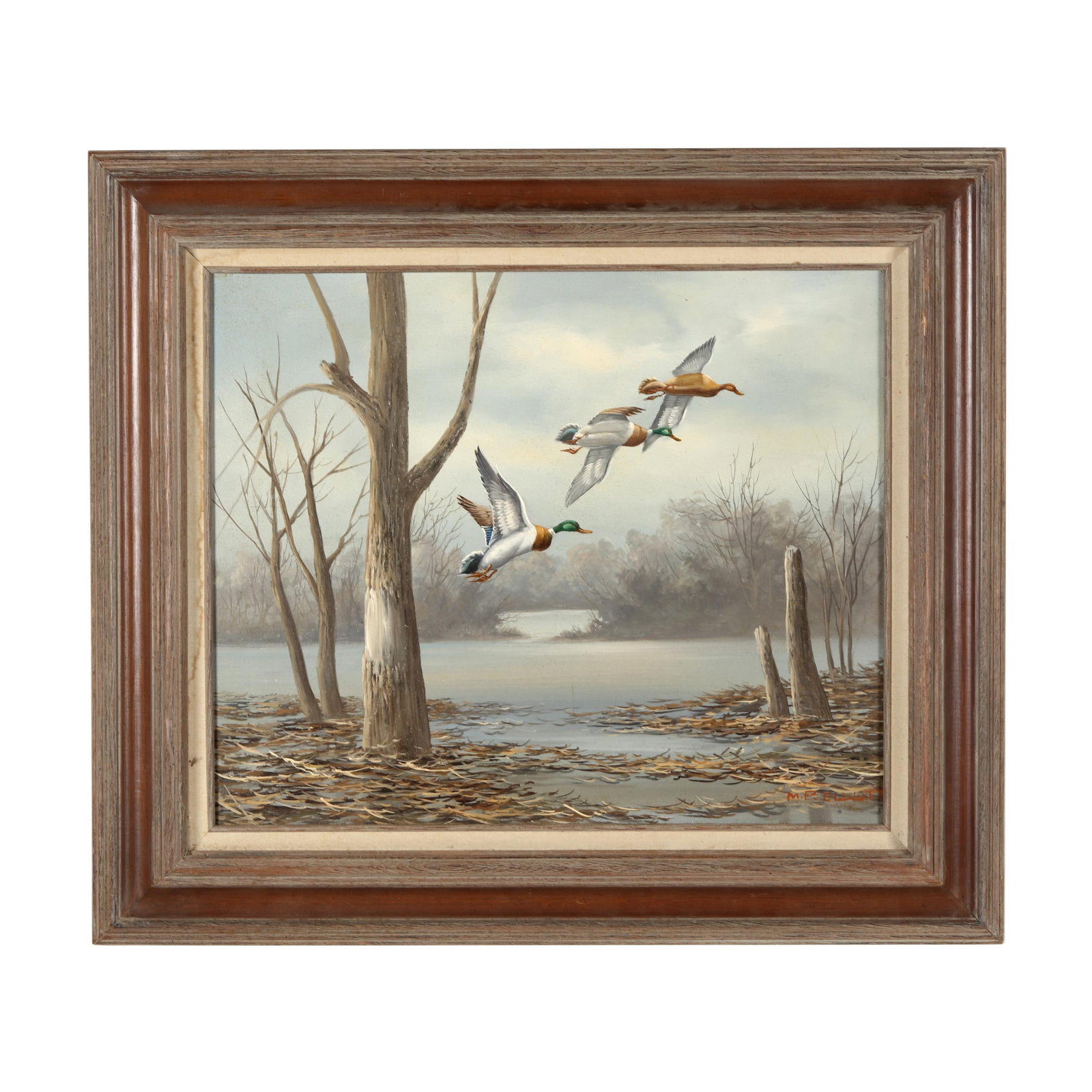 M. P. Elliott (American, 20th century), Mallards in Flight: M. P. Elliott (American, 20th century), Mallards in Flight oil on canvas, signed at lower right, presented in a weather wood frame with linen liner. Stretcher size 20 x 24 in.; Frame dimensions 28 1/4