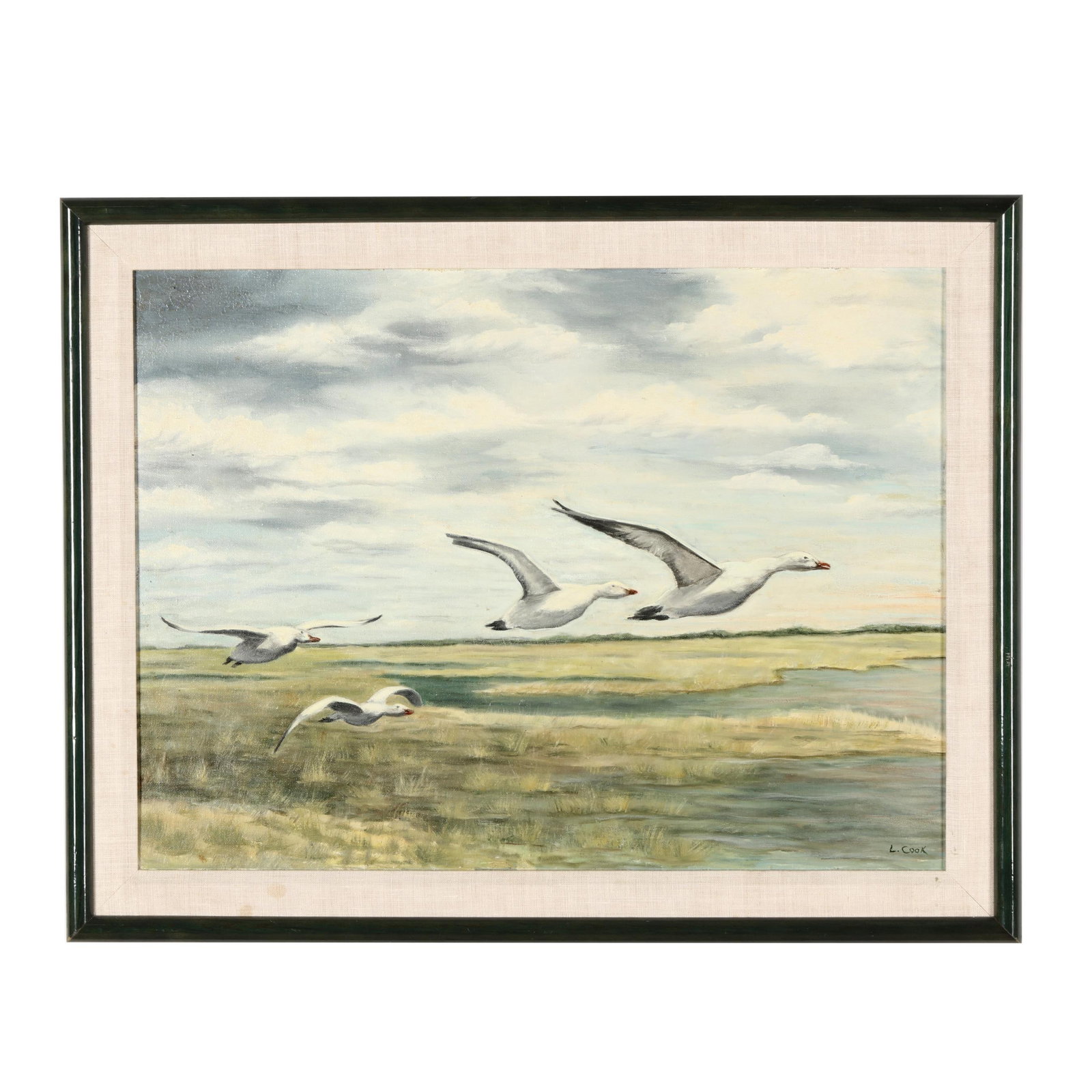 L. Cook (American, 20th century), Seagulls in Flight: L. Cook (American, 20th century), Seagulls in Flight oil on canvas, signed at lower right, framed. Frame dimensions 22 x 28 in. Additional high-resolution photos are available at www.lelandlittle.com