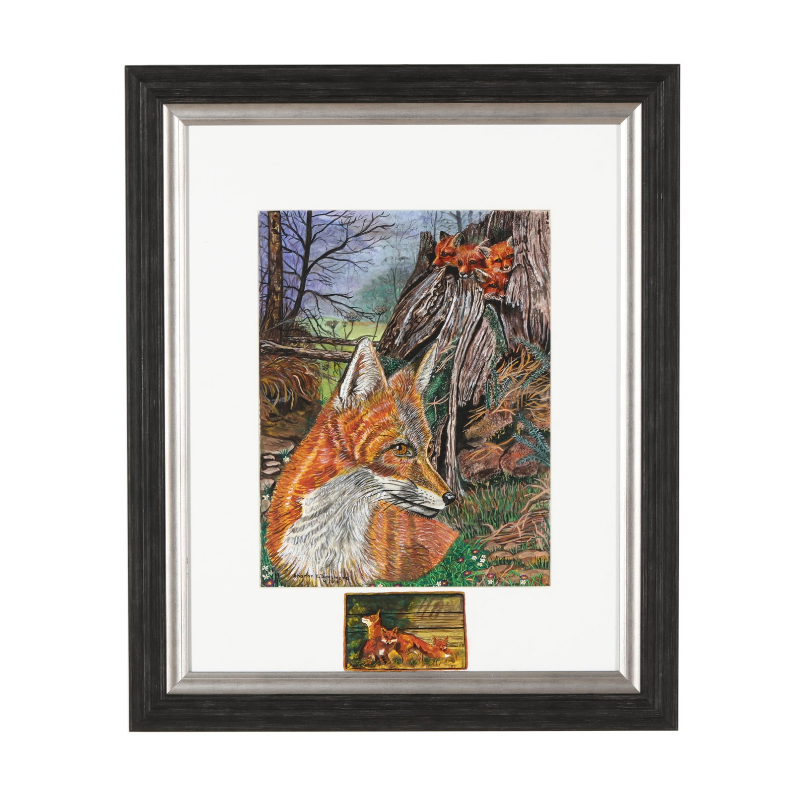 Sharon Densmore (American), Fox and Kits: Sharon Densmore (American), Fox and Kits mixed media on paper, 2016, signed and dated at lower left, with original hand-painted illustration to mat box, framed and matted under glass. Frame dimensions