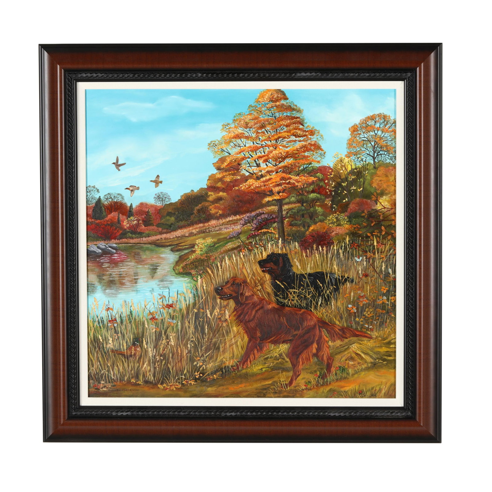 Sharon Densmore (NC), Two Setters on an Autumn Day: Sharon Densmore (NC), Two Setters on an Autumn Day oil on canvas, 2017, signed and dated at lower left, framed. Stretcher size 20 x 20 in.; Frame dimensions 25 1/4 x 25 1/4 in. Sharon Densmore is a se