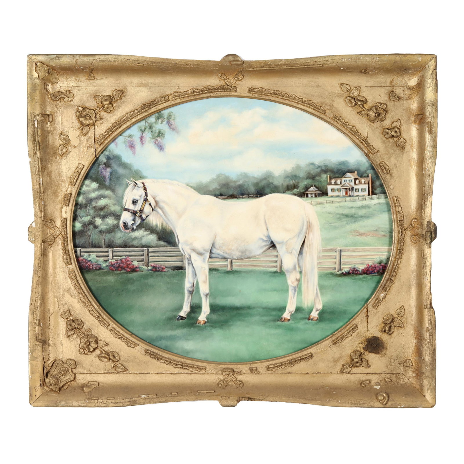 Contemporary Portrait of a White Horse in a Landscape: Contemporary Portrait of a White Horse in a Landscape late 20th century, not signed, presented in an antique giltwood frame. Stretcher size 25 x 30 in.; Frame dimensions 32 x 37 1/4 in. From the Barbe