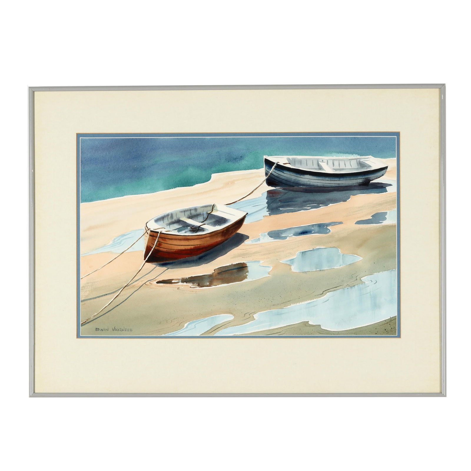 Edwin Voorhees, (NC, 1919-1999), Low Tide Boats: Edwin Voorhees, (NC, 1919-1999), Low Tide Boats watercolor on paper, signed at the lower left, inscribed and titled to the verso, matted and framed below glass. Sight size 13 3/4 x 21 1/2 in.; Frame d