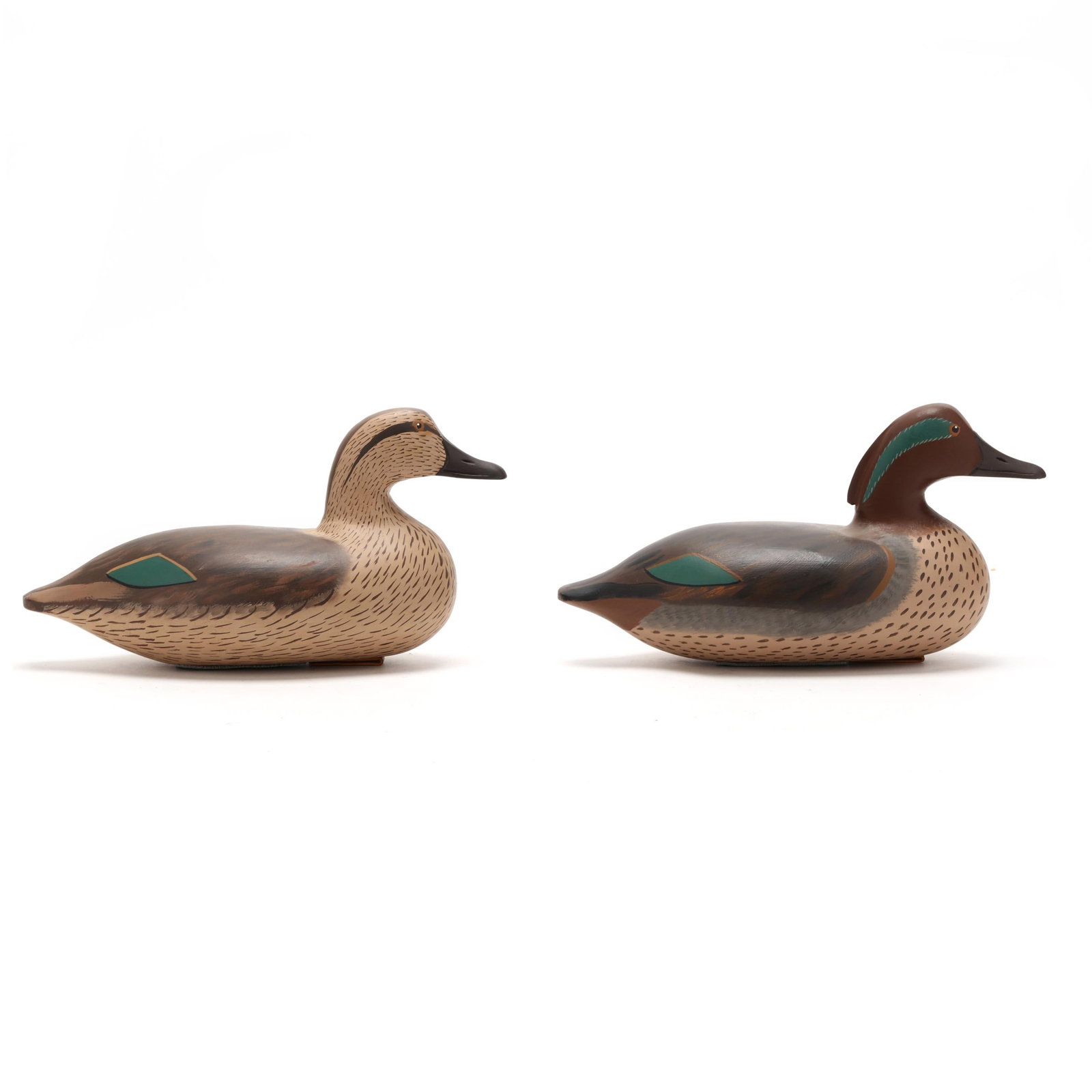 Robert Litzenberg (MD, 1910-1997), Pair of Green-winged Teal: Robert Litzenberg (MD, 1910-1997), Pair of Green-winged Teal Elkton, Maryland, circa 1991, carved and painted wood, signed and dated on the ballast. Length 11.5 in. x 6 x 5 From a Private Collection d