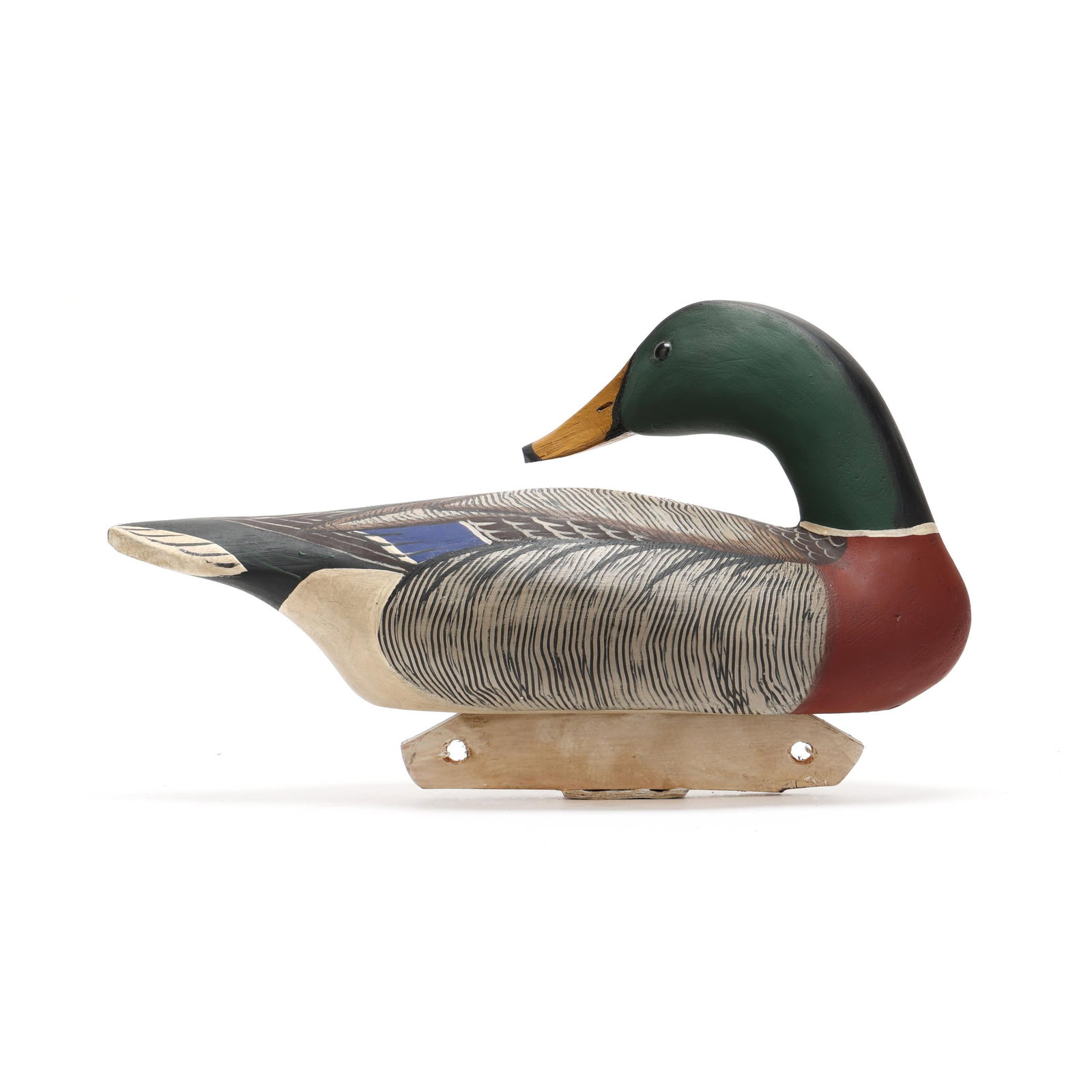George Bell (MD, ), Preening Mallard: George Bell (MD, ), Preening Mallard Crisfield, Maryland, circa 1990s, carved and painted wood, glass eyes, signed. Length 14.5 in. x 9 x 6.5 From a Private Collection donated to benefit the