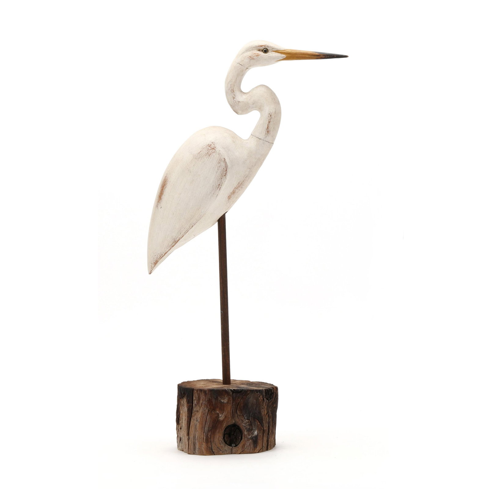 Robert "Bob" Guge (IL, 1952-2013), Egret: Robert "Bob" Guge (IL, 1952-2013), Egret Dundee, Illinois, circa 1984, carved and painted wood, glass eyes, mounted to wood base, signed and dated. Height 22 in. x 12 x 6 Bob Guge met Cigar Daisey in
